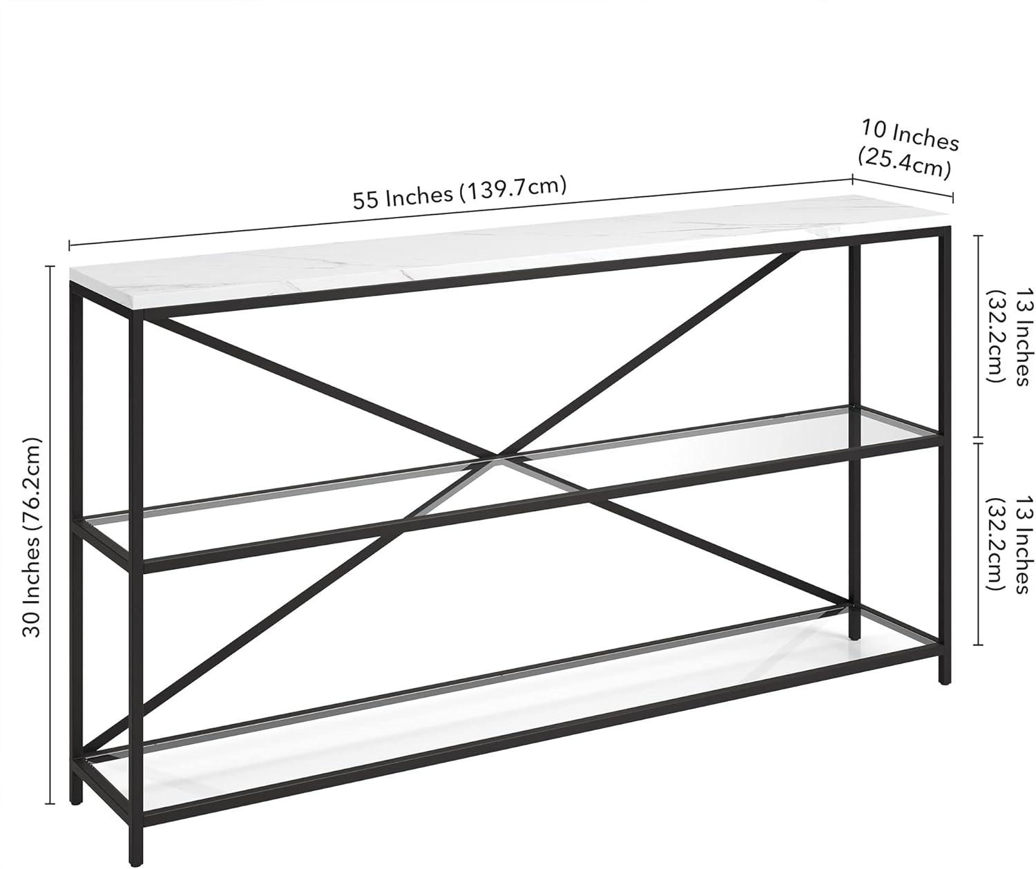 Evelyn&Zoe Fionn 55" Wide Rectangular Console Table with Faux Marble Top, Blackened Bronze