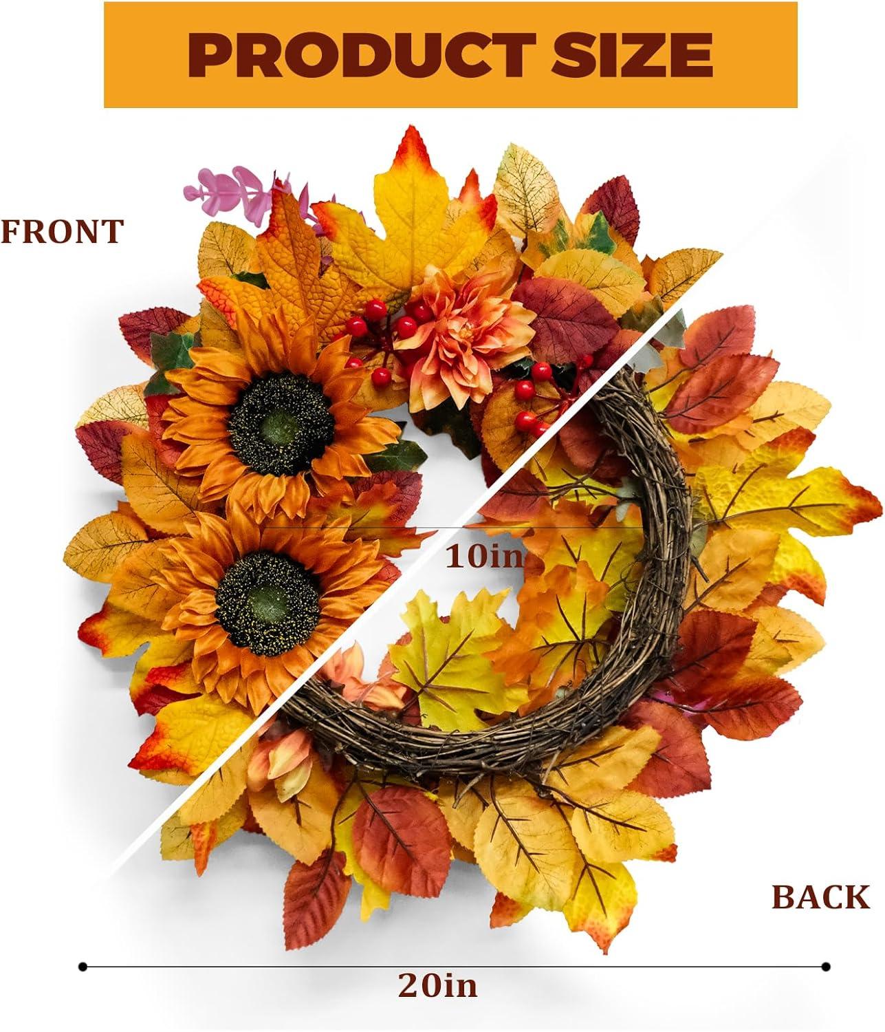 Thanksgiving Wreaths for Front Door,20 Inch Autumn Harvest Wreath with Pumpkin and Maple Leaf Decorations, Perfect for Home Outside Farmhouse Indoor Decor,Black&White Ribbon