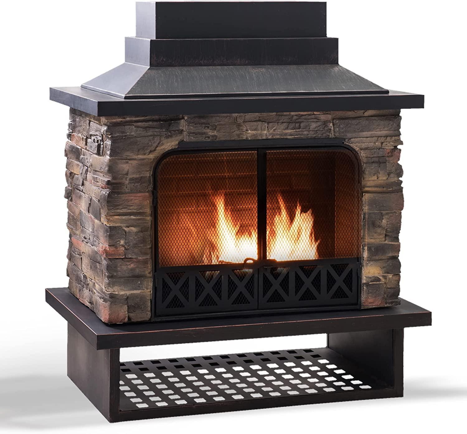 SUNJOY Outdoor 48 in. Black Steel Wood Burning Stone Fireplace with Fire Poker and Removable Grate