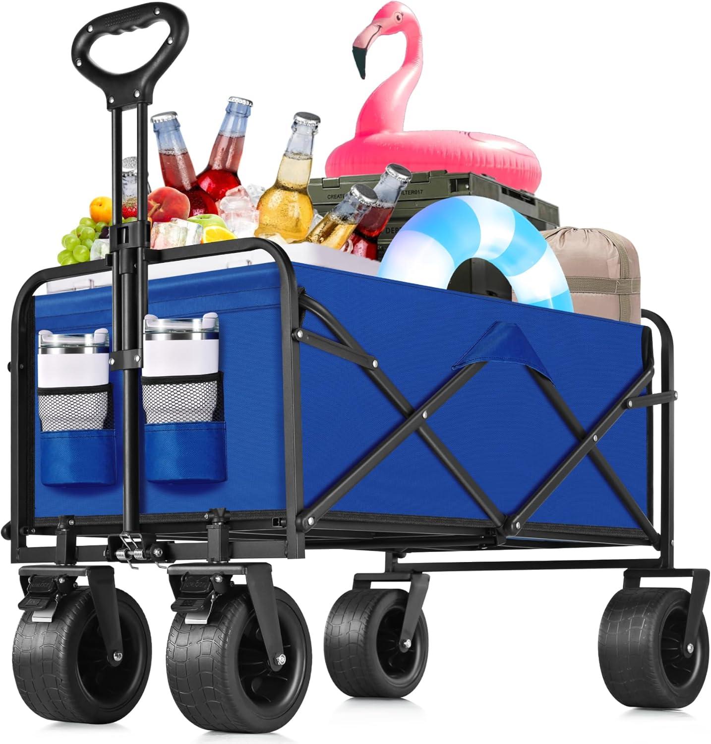 Clearance! Outdoor Utility Wagon Cart with Cup Holdler, Large Capacity Folding Wagon Garden Shopping Beach Cart,Heavy Duty Foldable Cart, for Outdoor Activities, Beaches, Parks, Camping (Blue)
