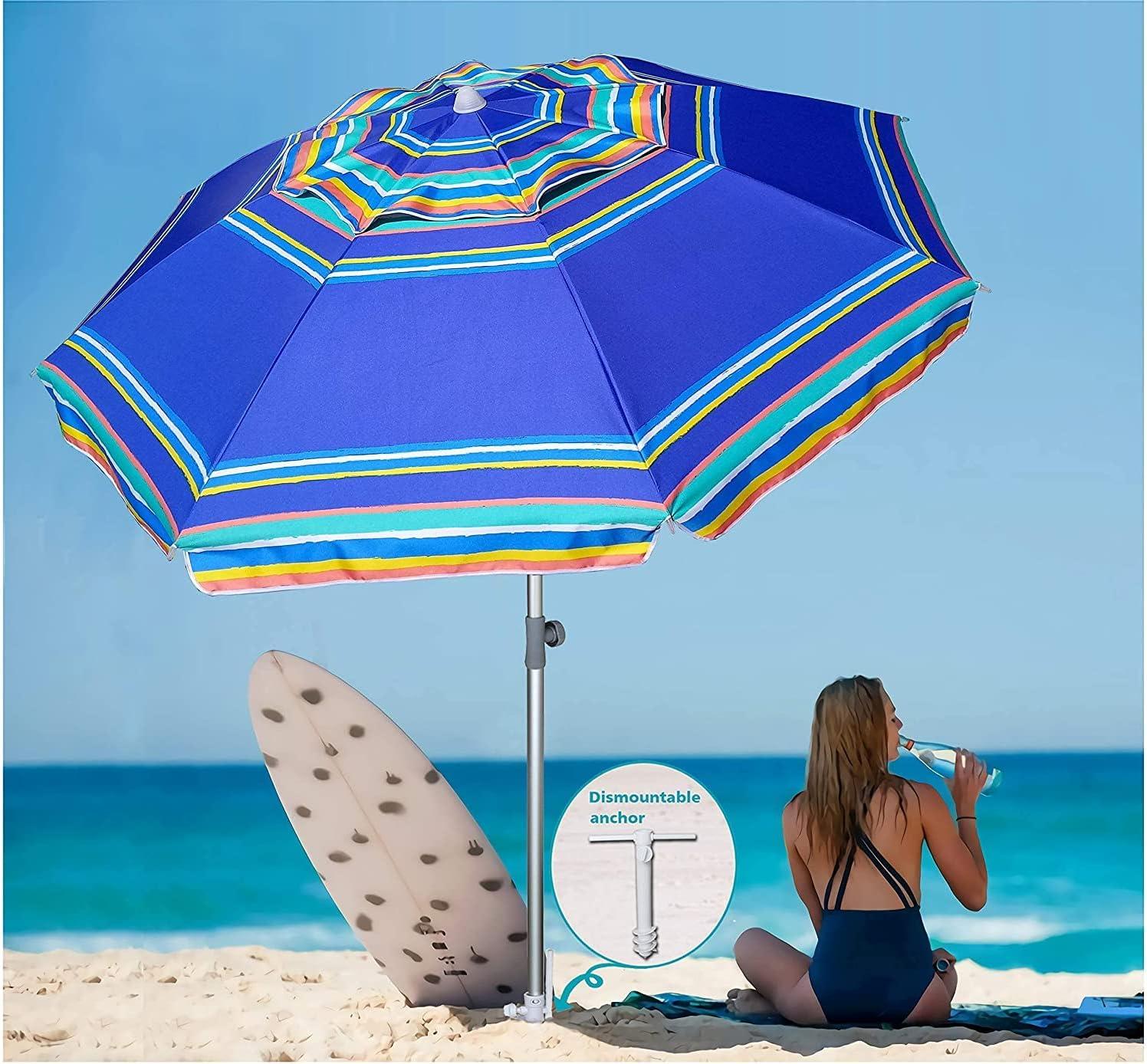 7ft Heavy Duty High Wind Beach Umbrella with Sand Anchor & Tilt Sun Shelter, UV 50+ Protection Outdoor Sunshade Umbrellas and Parasols Carry Bag for Patio Garden Beach Pool Backyard