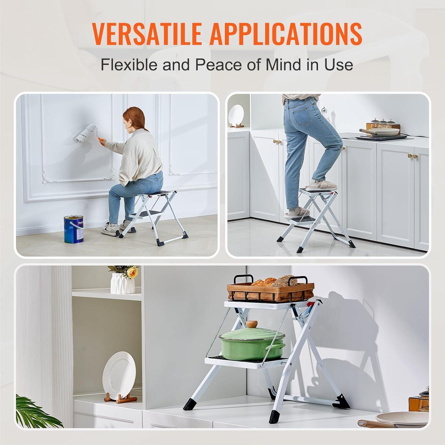 Foldable White Steel 2-Step Ladder with Anti-Slip Pedal