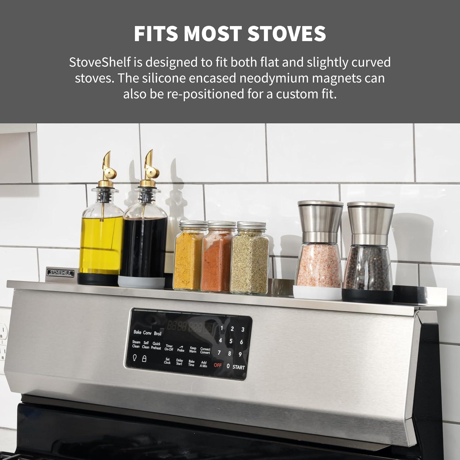 StoveShelf Deluxe 30"Length Stainless Steel Finish Magnetic Shelf for Kitchen Stove - Extra Strength Double Magnets - Kitchen Storage Solution with Zero Installation - Over Stove Spice Rack Organizer