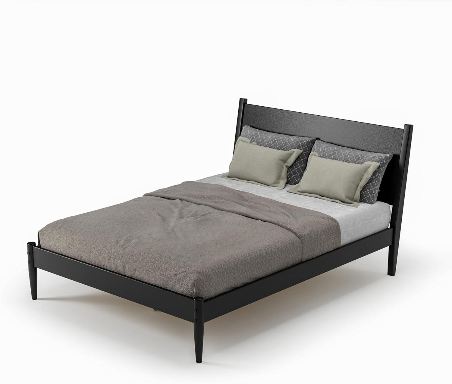 Camaflexi Mid Century Platform Bed Wood Panel Bed Frame with Headboard, Queen, White