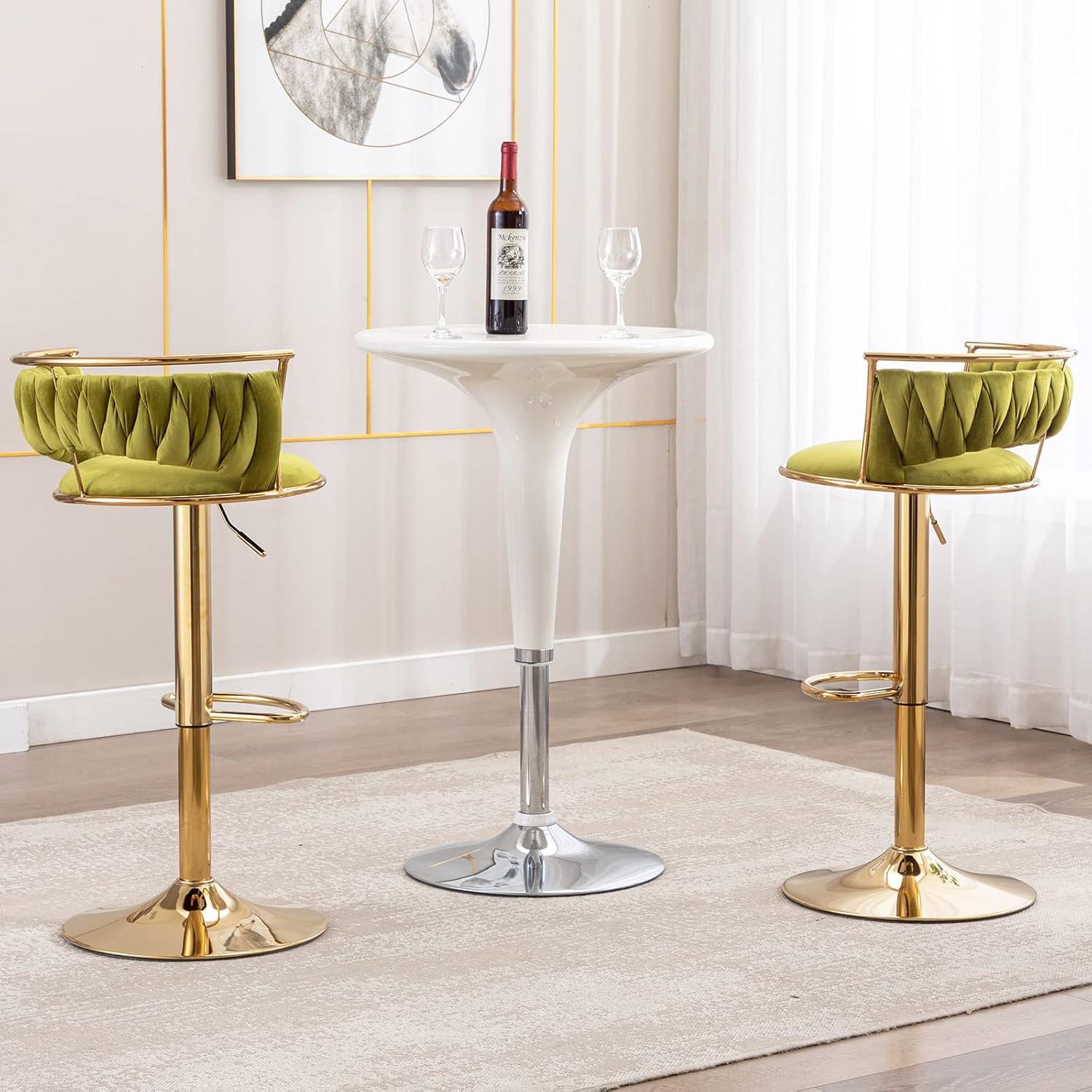 Emerald Green Velvet Adjustable Swivel Bar Stools with Gold Base, Set of 2