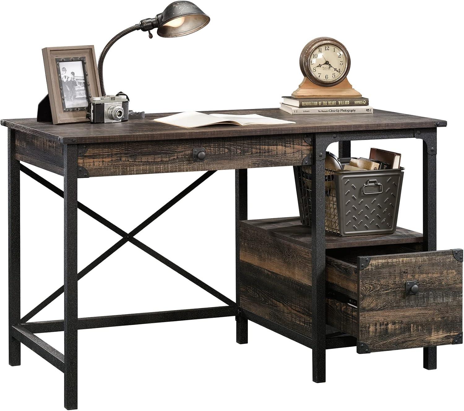 Rustic Carbon Oak Workstation with Powder-Coated Metal Frame