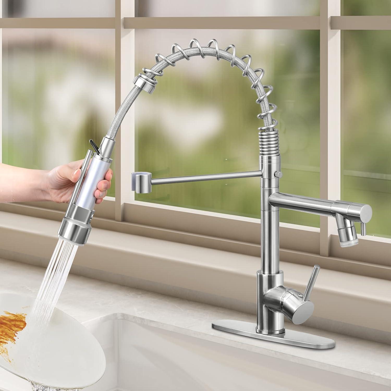 Qomolangma Commercial LED Kitchen Sink Faucet with Pull Down Sprayer, Modern Single Handle Kitchen Faucets with Light, Brushed Nickel