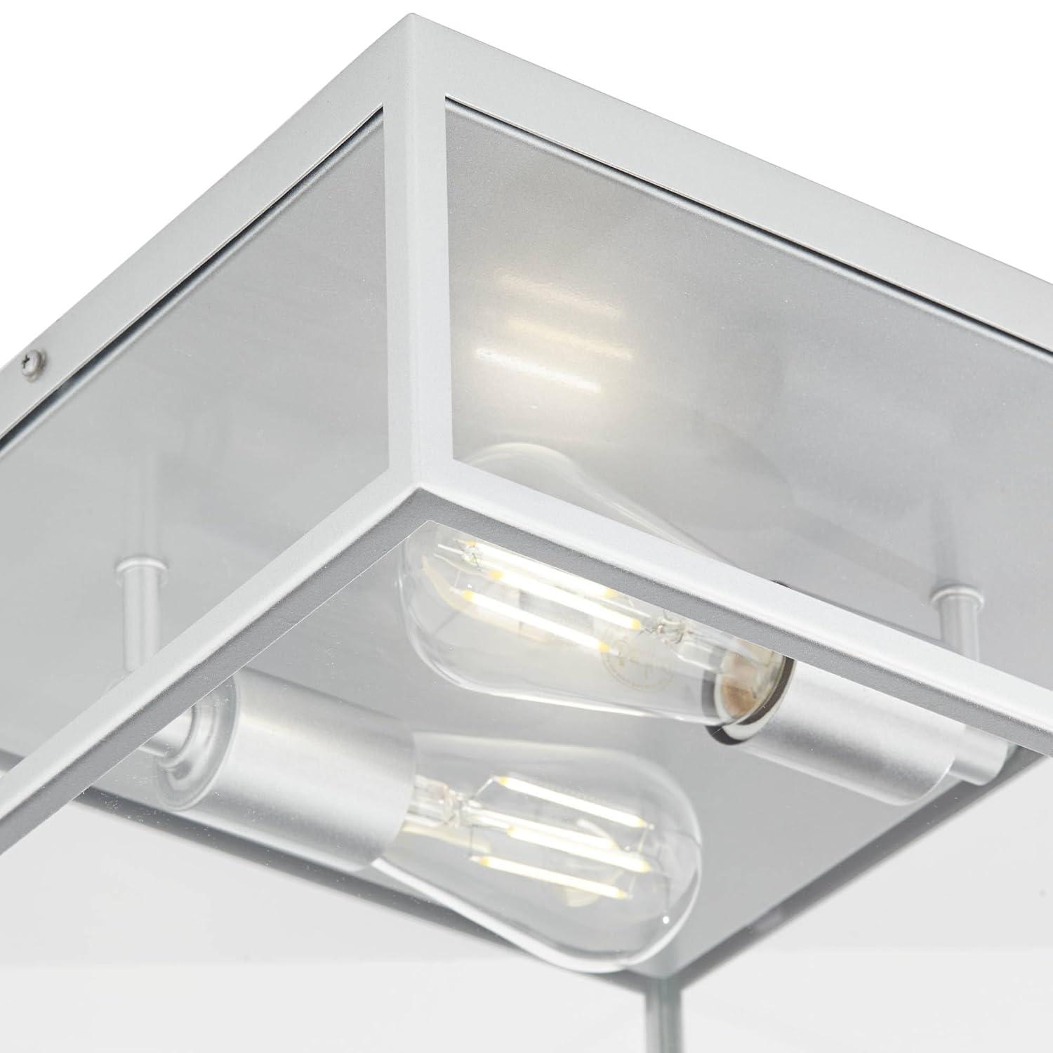 Union Modern Farmhouse Indoor-Outdoor Flush-Mount Ceiling Light Fixture 12" Matte Silver Nickel Clear Glass Panels Square Exterior House Porch Patio Outside Deck Garage Entryway Home