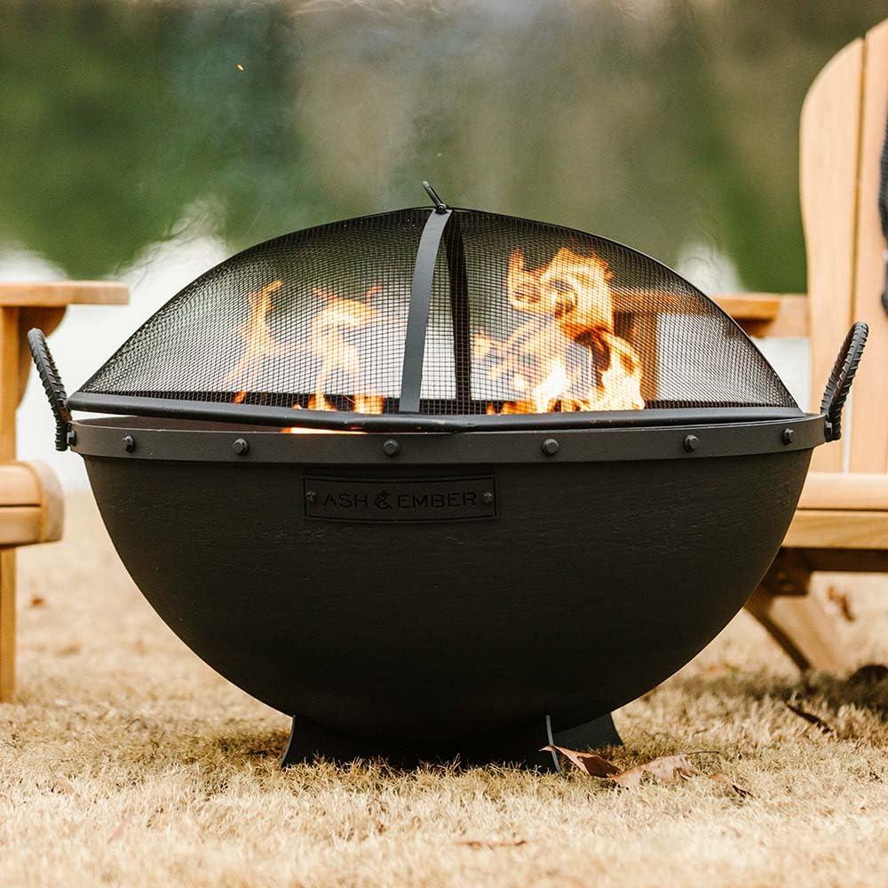 Ash & Ember 32" Hemisphere Fire Pit with Screen and Poker, Cast Iron High-Temperature Black Paint Fire Bowl, Wood Burning Backyard Fireplace, Portable Outdoor Firepit