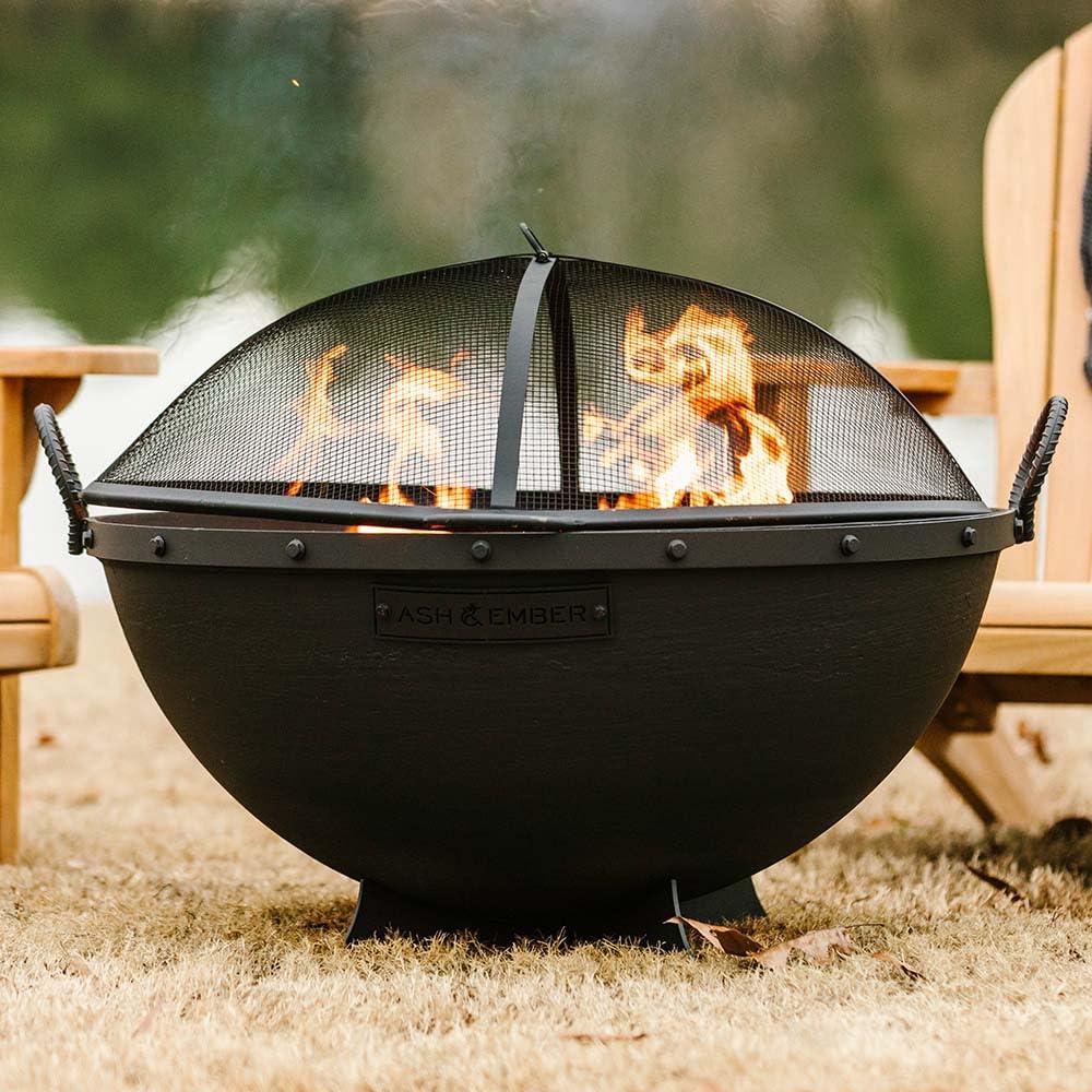 Ash & Ember 32" Hemisphere Fire Pit with Screen and Poker, Cast Iron High-Temperature Black Paint Fire Bowl, Wood Burning Backyard Fireplace, Portable Outdoor Firepit