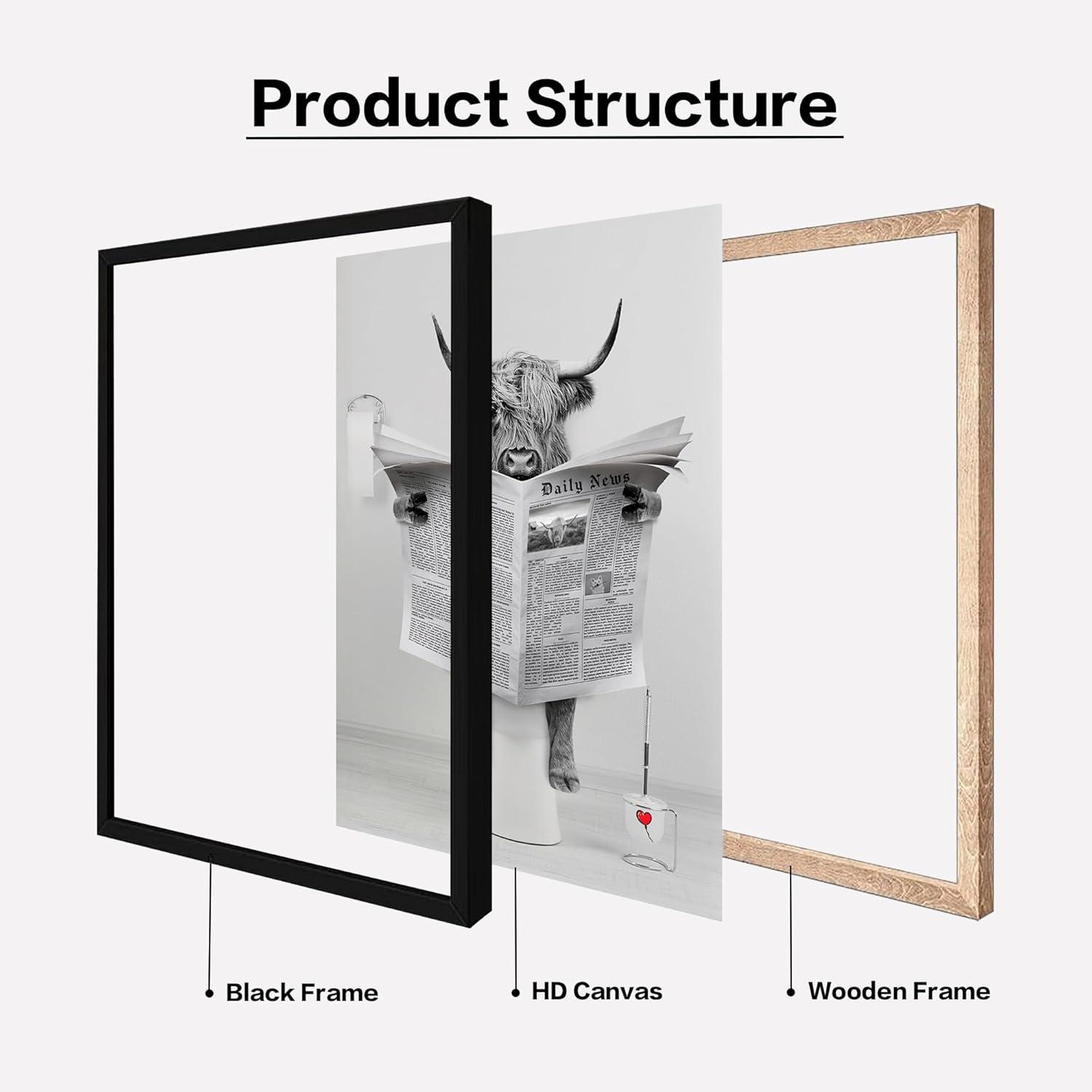 Modern Black Framed Highland Cow Wall Art Minimalist Bathroom Wall Decor Cute Funny Animals Artwork Canvas Prints Ready to Hang for Guest Bathroom, Hotel, Condo, Kids Bathroom, 12”x16”