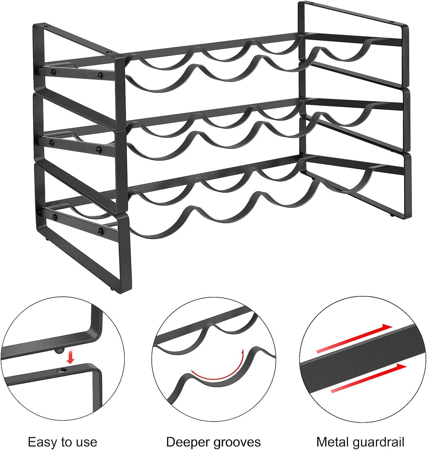 Black Metal 3-Tier Stackable Wine Rack for 12 Bottles