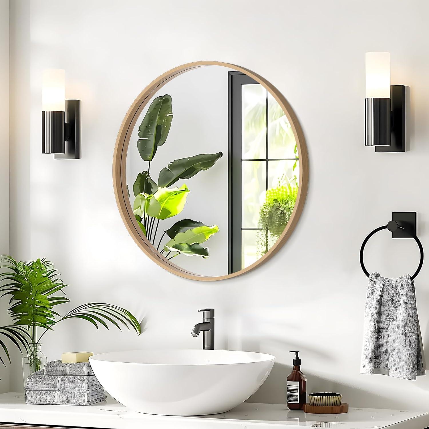 WallBeyond 24" Wood Round Mirror Natural : Pine Frame, Modern Style, Wall Mount, No Assembly Required