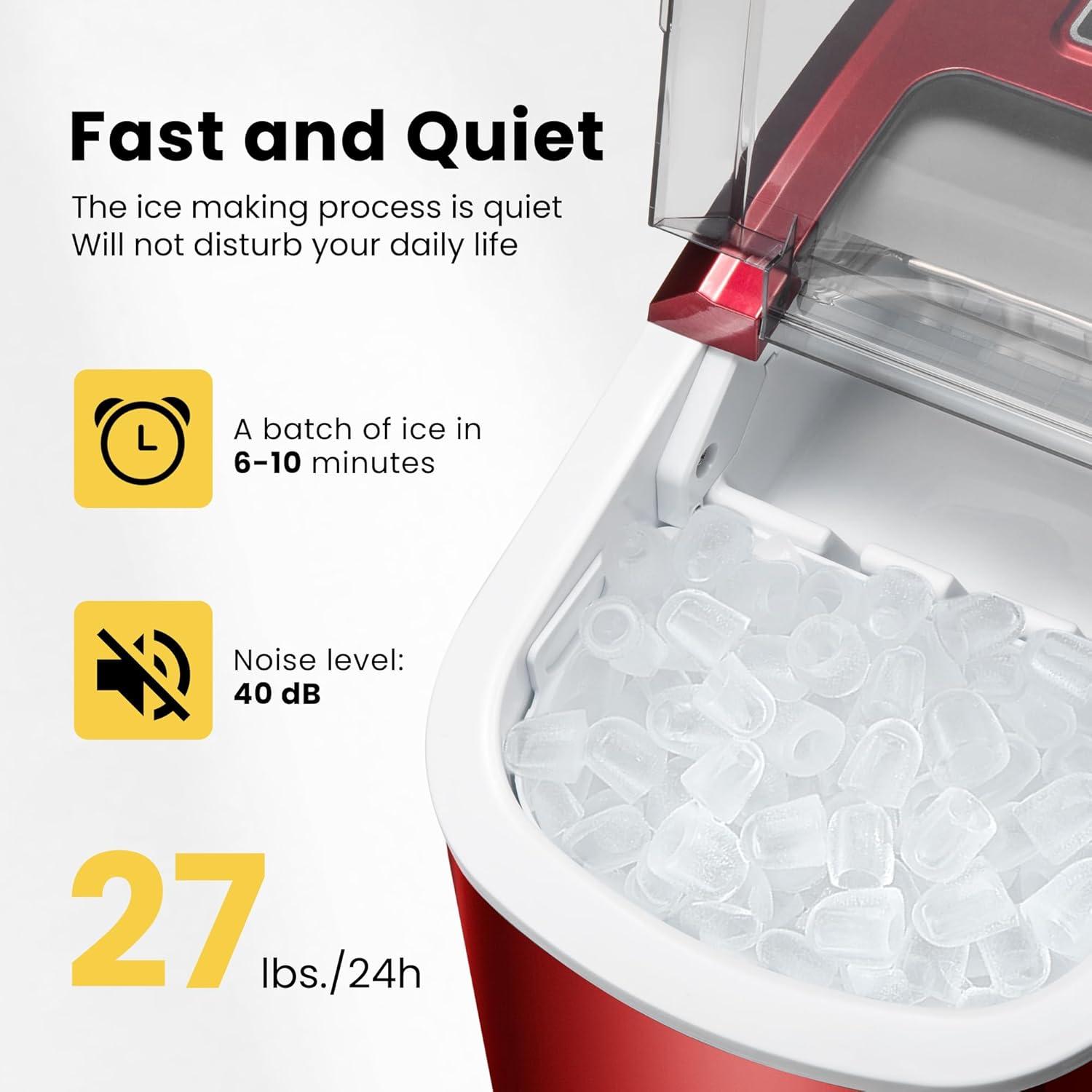 SPECSTAR Countertop Ice Maker 27Lbs/24H, Self-Cleaning Portable Ice Maker Machine with Hand Scoop 10 Ice Bags for Home/Kitchen/Party, Red