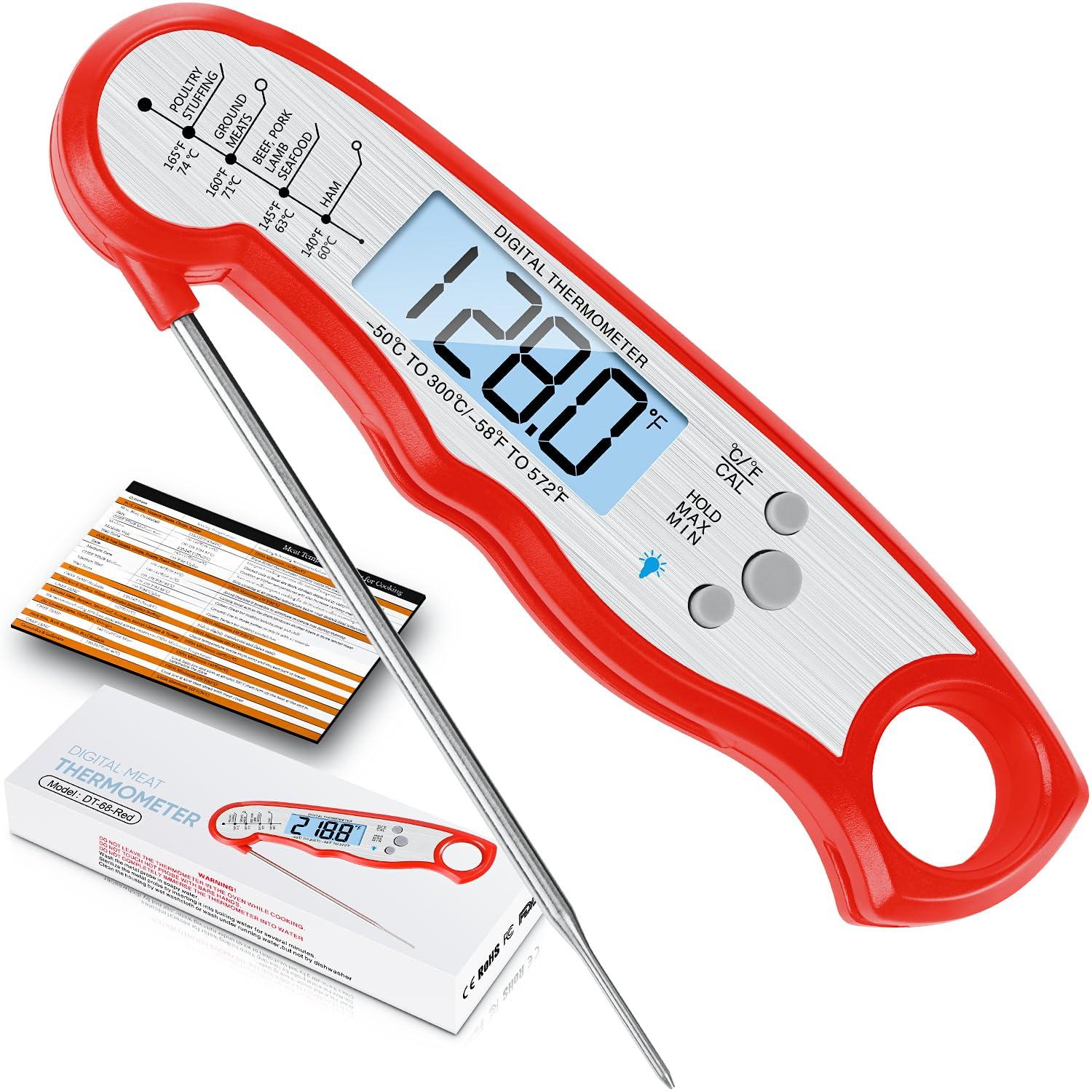 Digital Meat Thermometer, Waterproof Instant Read Food Thermometer for Cooking and Grilling, Kitchen Gadgets, Accessories with Backlight & Calibration for Candy, BBQ Grill, Liquids, Beef, Turkey…