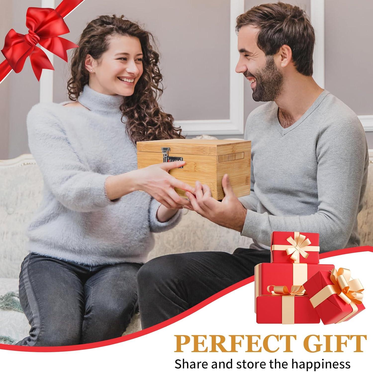 Large Bamboo Box with Combination Lock, Decorative Storage Box with Detachable Compartment, Wooden Boxes with Alright Jars & Brushes as Great Gift Choice.