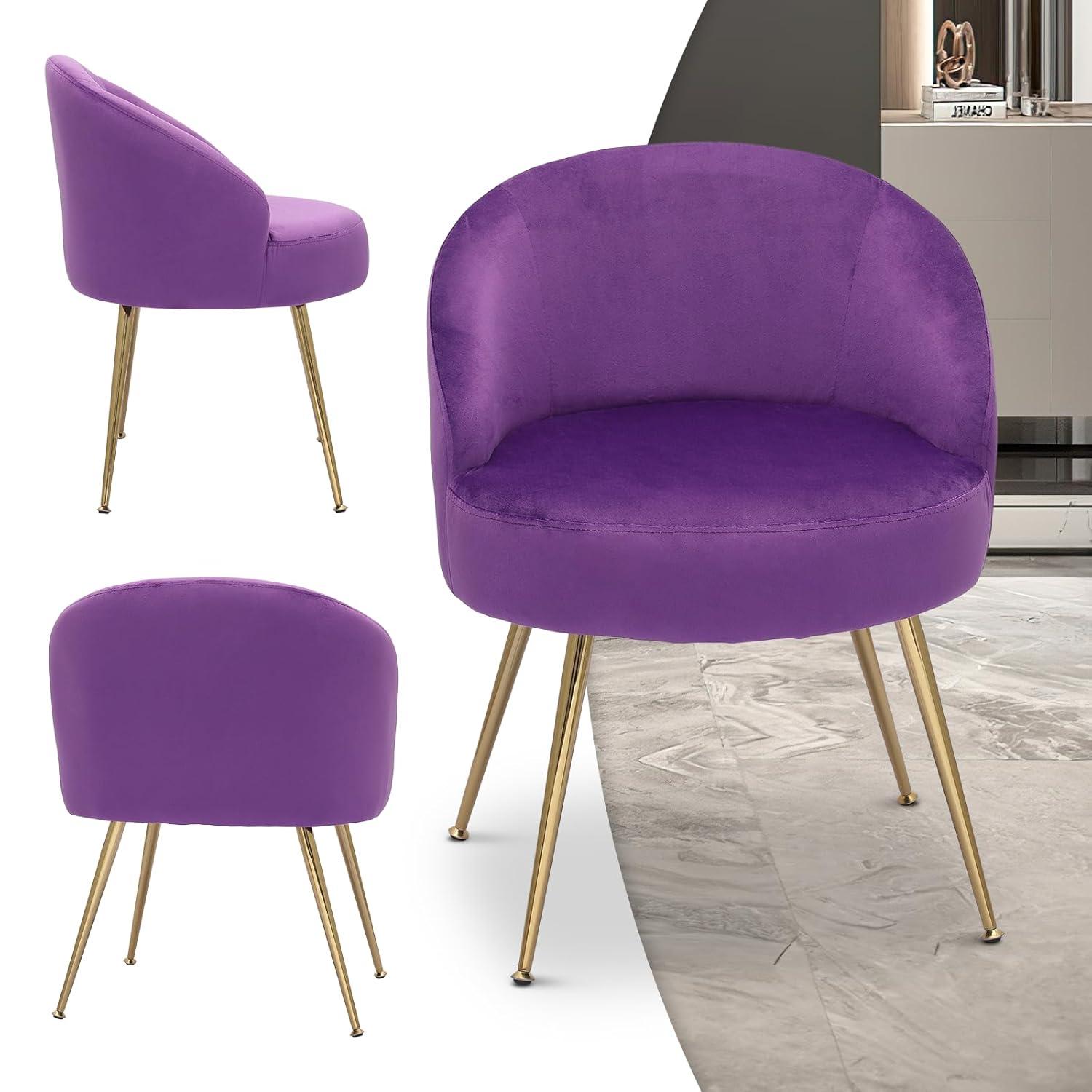 MoNiBloom Velvet Barrel Accent Chair with for Bedroom, Modern Vanity Chair for Living Room, Upholstered Arm Chair Guest Chair with Golden Metal Legs, Purple