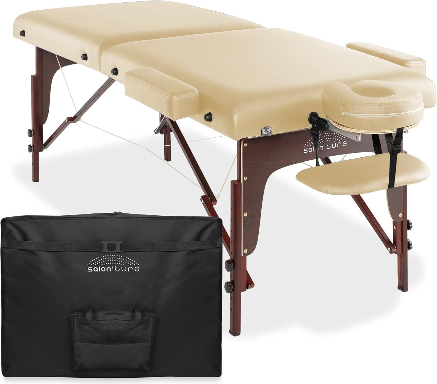 Saloniture Professional Portable Lightweight Bi-Fold Massage Table with Reiki Panels - Cream