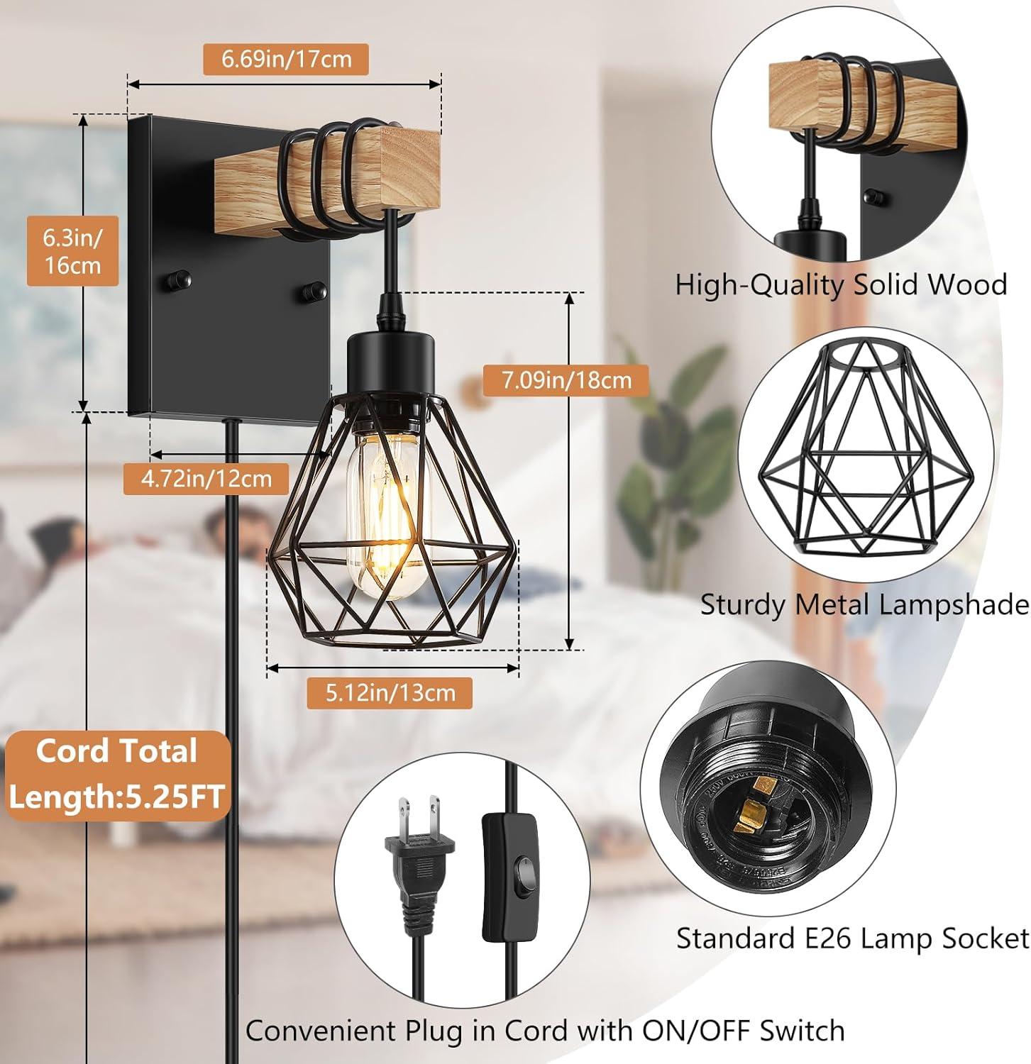 Black and Wood Plug-In Wall Sconce Set with Cage Shade