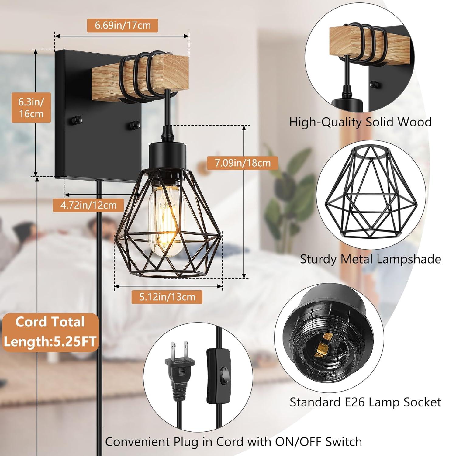 Plug in Wall Sconces Set of 2 with 6 FT On/Off Switch Cord, Wall Light Fixtures Black Industrial Farmhouse Indoor Wall Latern For Bedroom Living Room