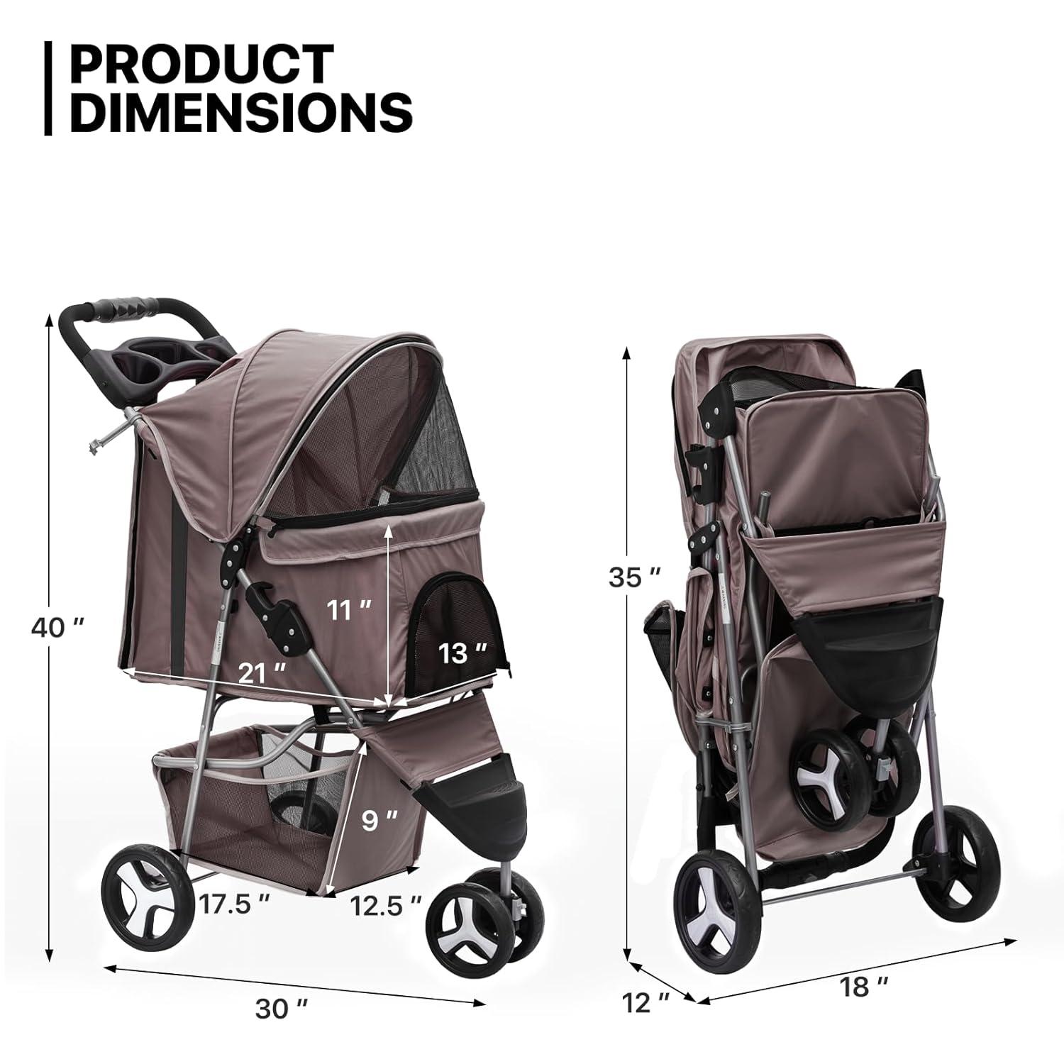 3 Wheel Folding Pet Stroller, Foldable Dog Jogger Stroller with Storage Basket, Cup Holder & Canopy