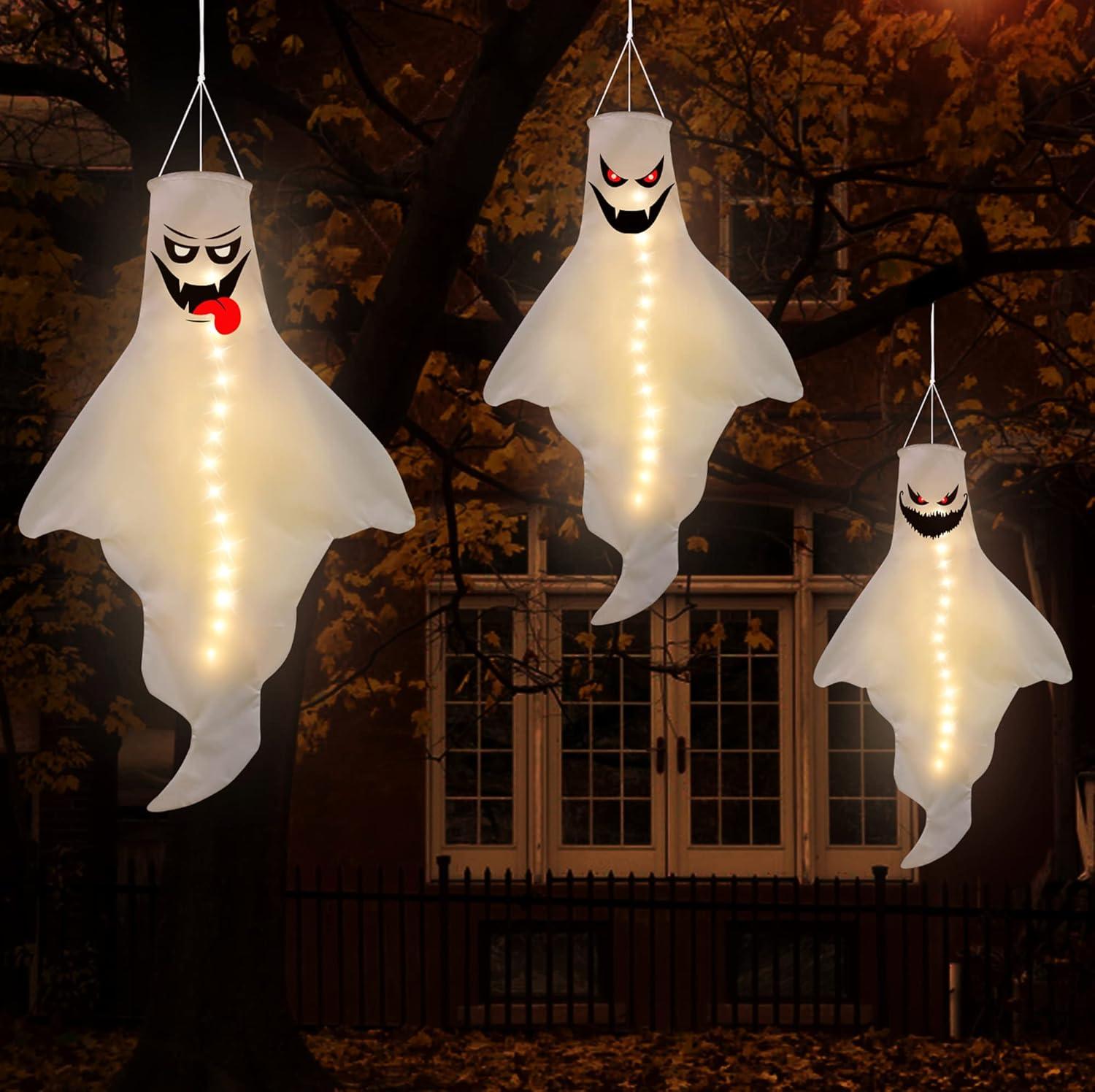 Set of 3 LED Hanging Ghost Windsocks for Halloween