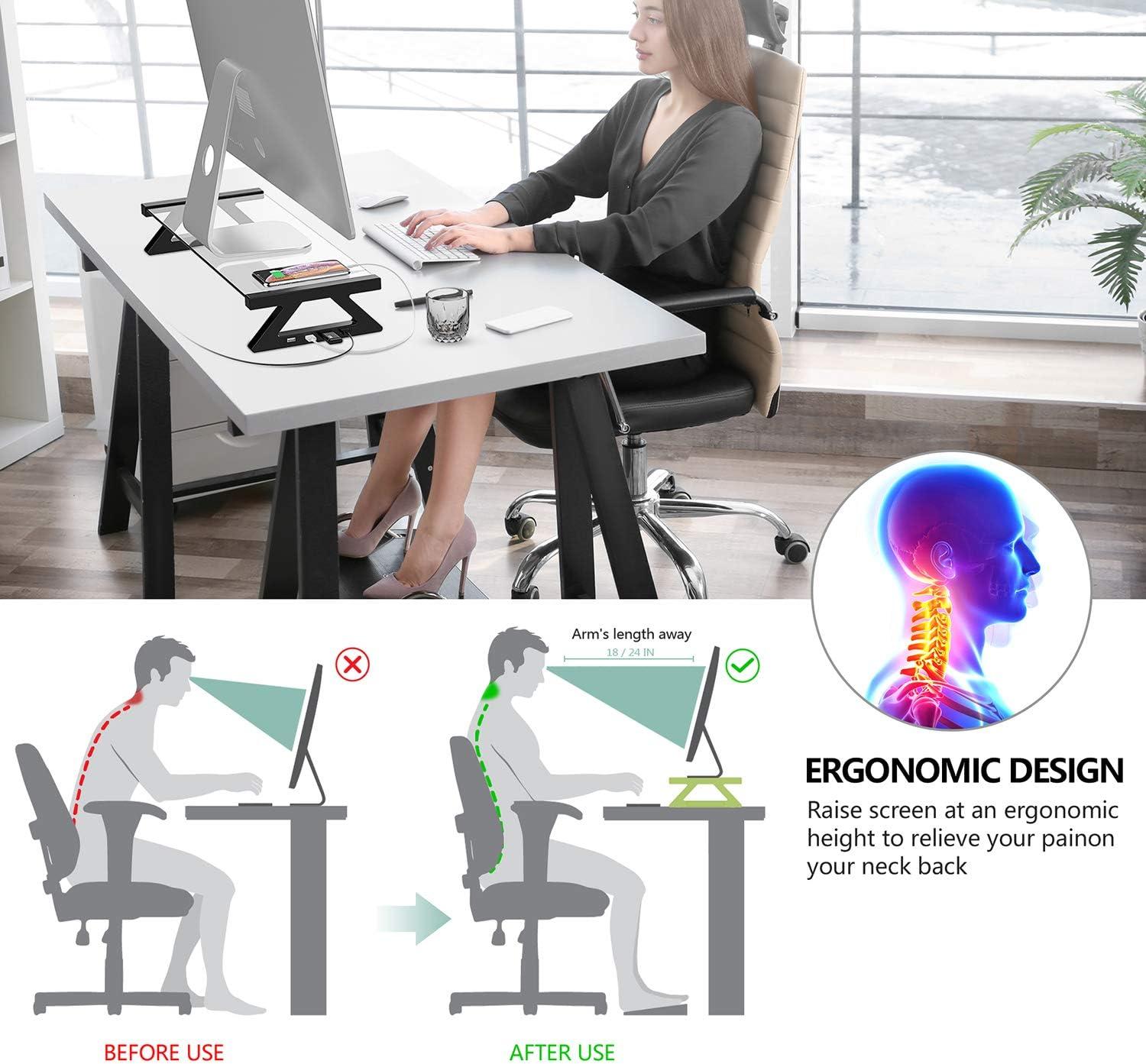 Yivandi Computer Monitor Stand with USB Ports, Clear Tempered Glass Monitor Riser, 3-in-1 USB Docking Laptop Riser for Desktop PC/iMac/MacBook/Printer