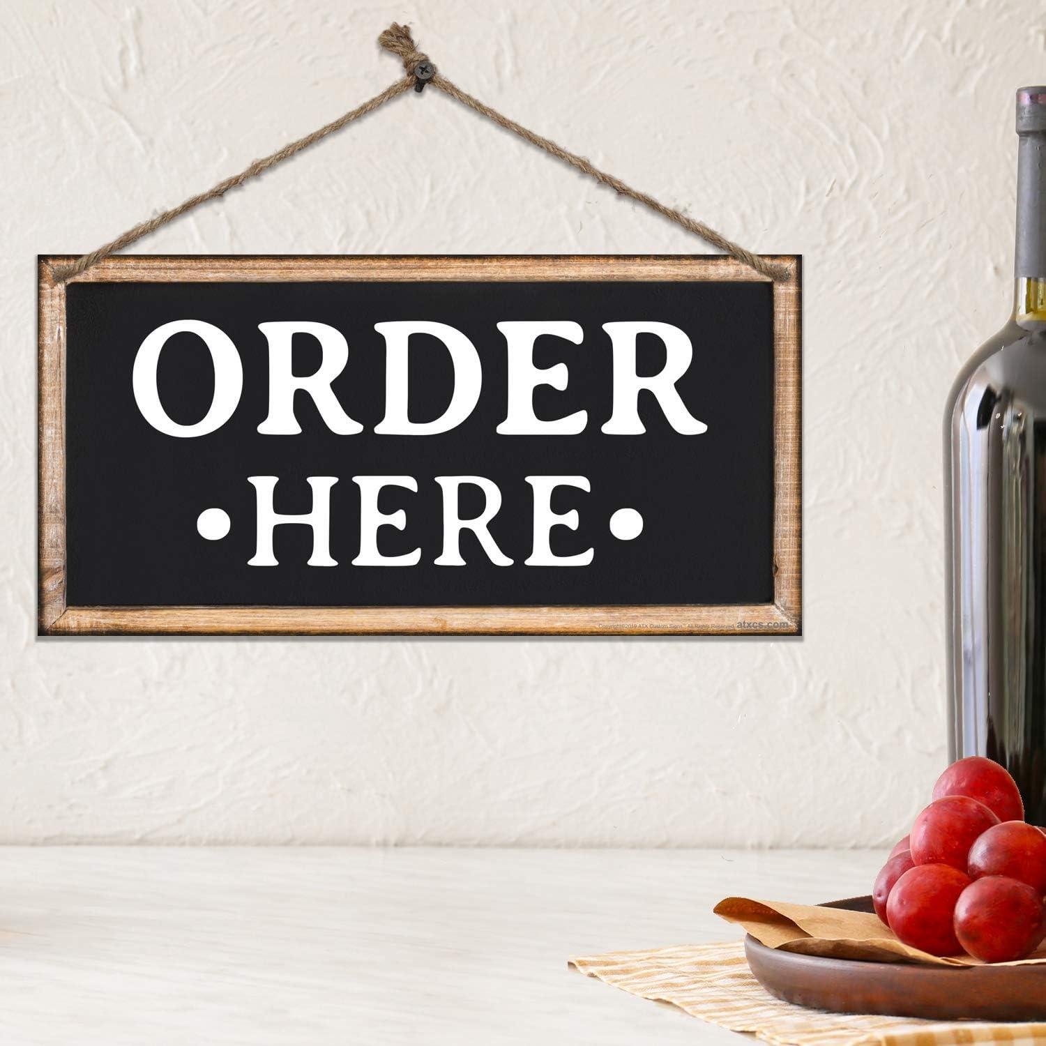 Black and White Rectangular Metal Order Here Sign with Jute String