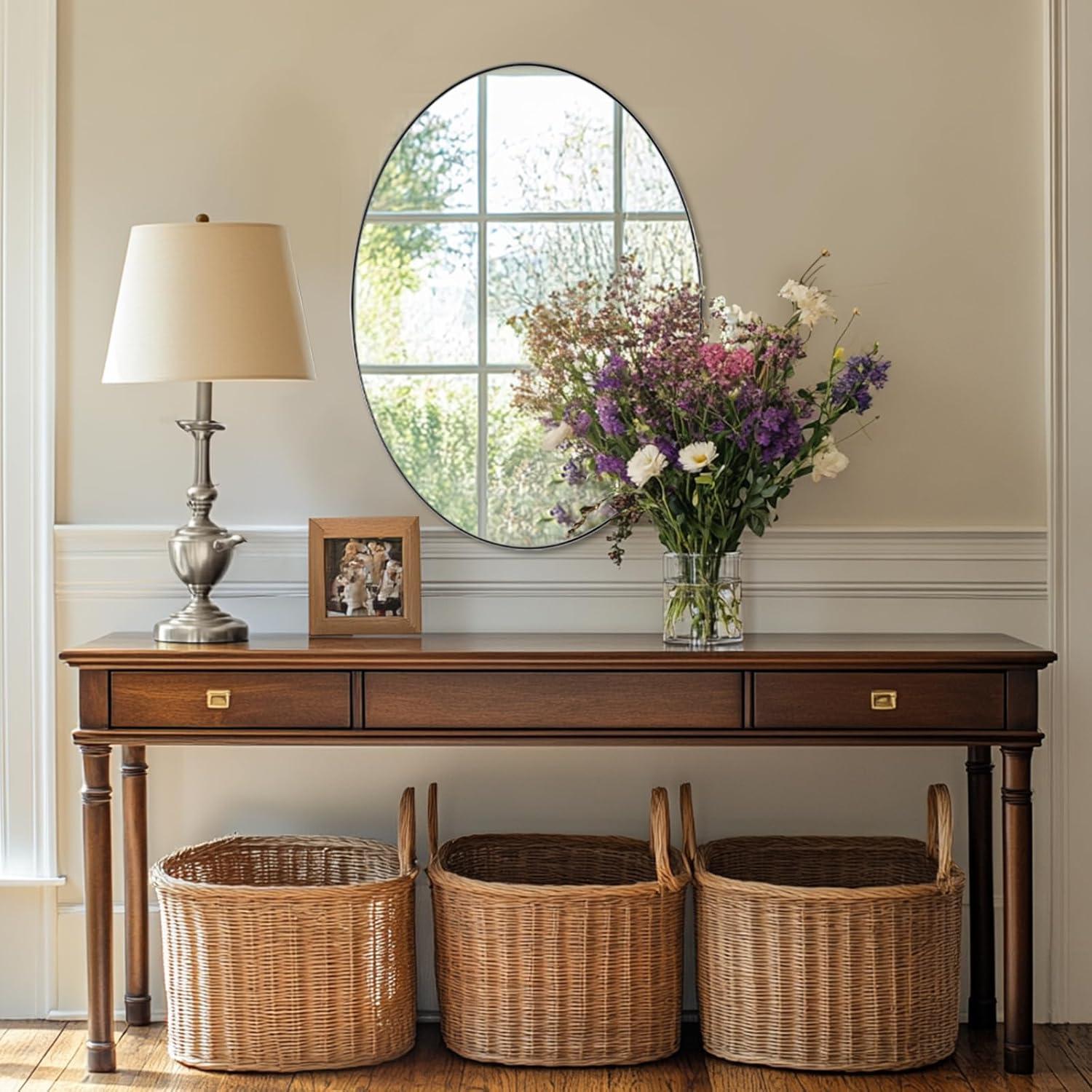 ANDY STAR Oval Bathroom Mirror, 24" x 36" Chrome Stainless Steel Metal Frame Vanity Mirror for Over Sink with Adjustable Tilting Design, Pivoting Mirror for Modern Wall Decor