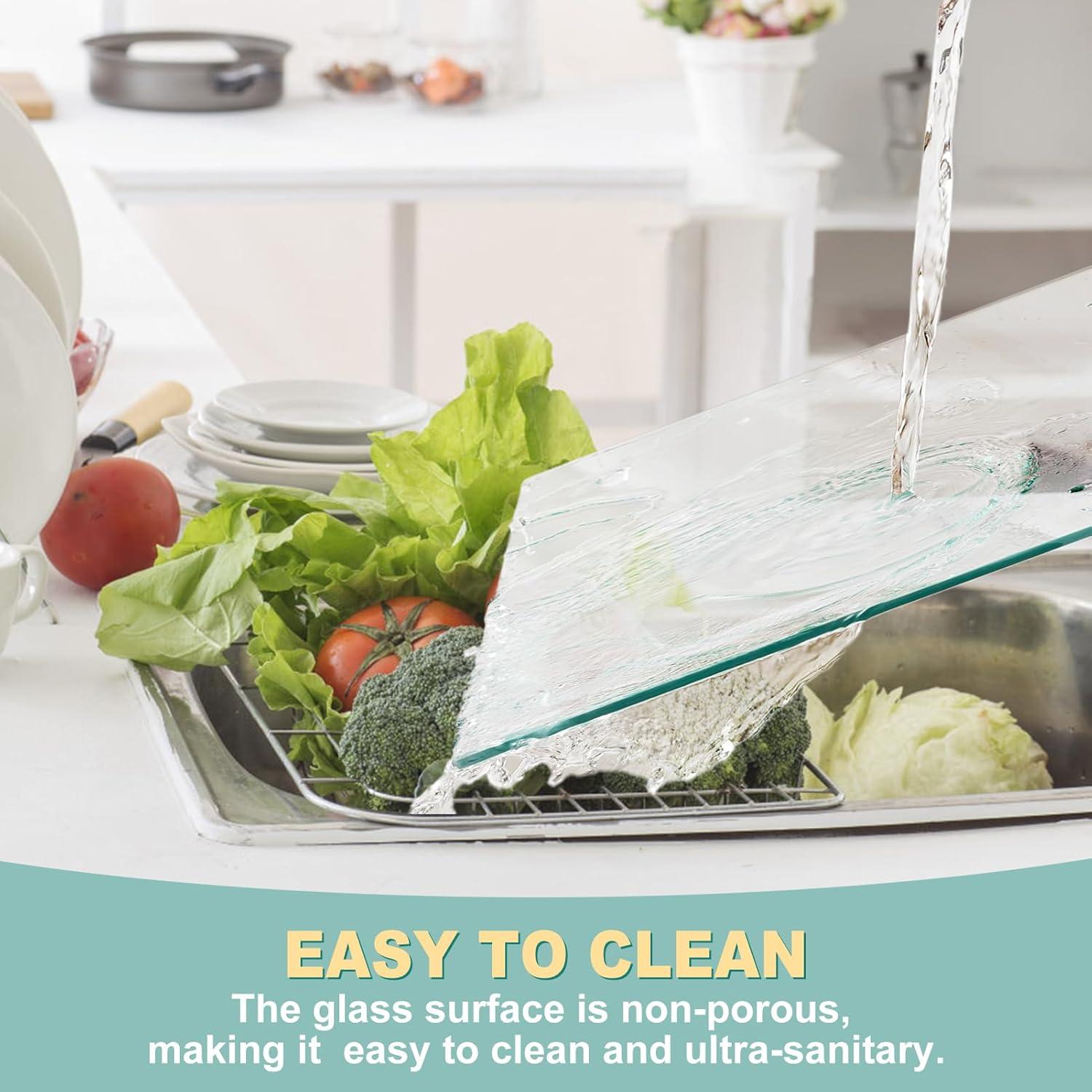 Tempered Glass Cutting Board for Kitchen, Clear Glass Board for Countertop, Heat Resistant, with Non-Slip Feet, 12x16" & 12x8" 2 Pcs Clear