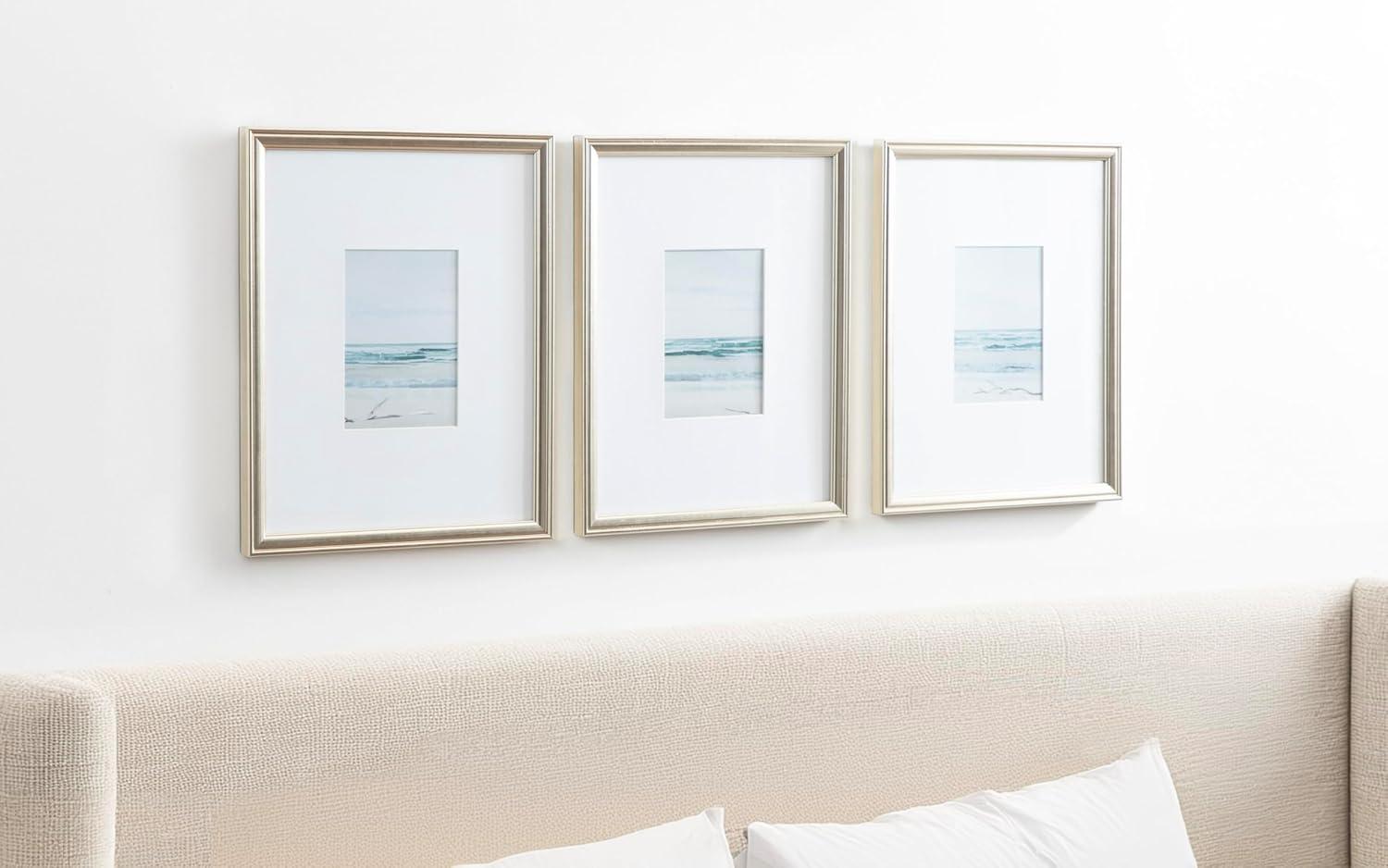 Kate and Laurel Adlynn Decorative Rectangle Watercolor Framed Art Set of 3, 11 x 14 matted to 5 x 7, Silver, Coastal Three-Piece Framed Wall Art for Gallery Wall Frame Set in Living Room Wall Decor