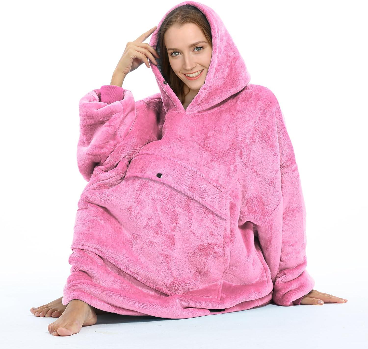 Solaris Women Flannel Blanket Hoodie Oversized Sweatshirt, Wearable Fleece Blanket Woman, Christmas Gift for Her, Hot Pink