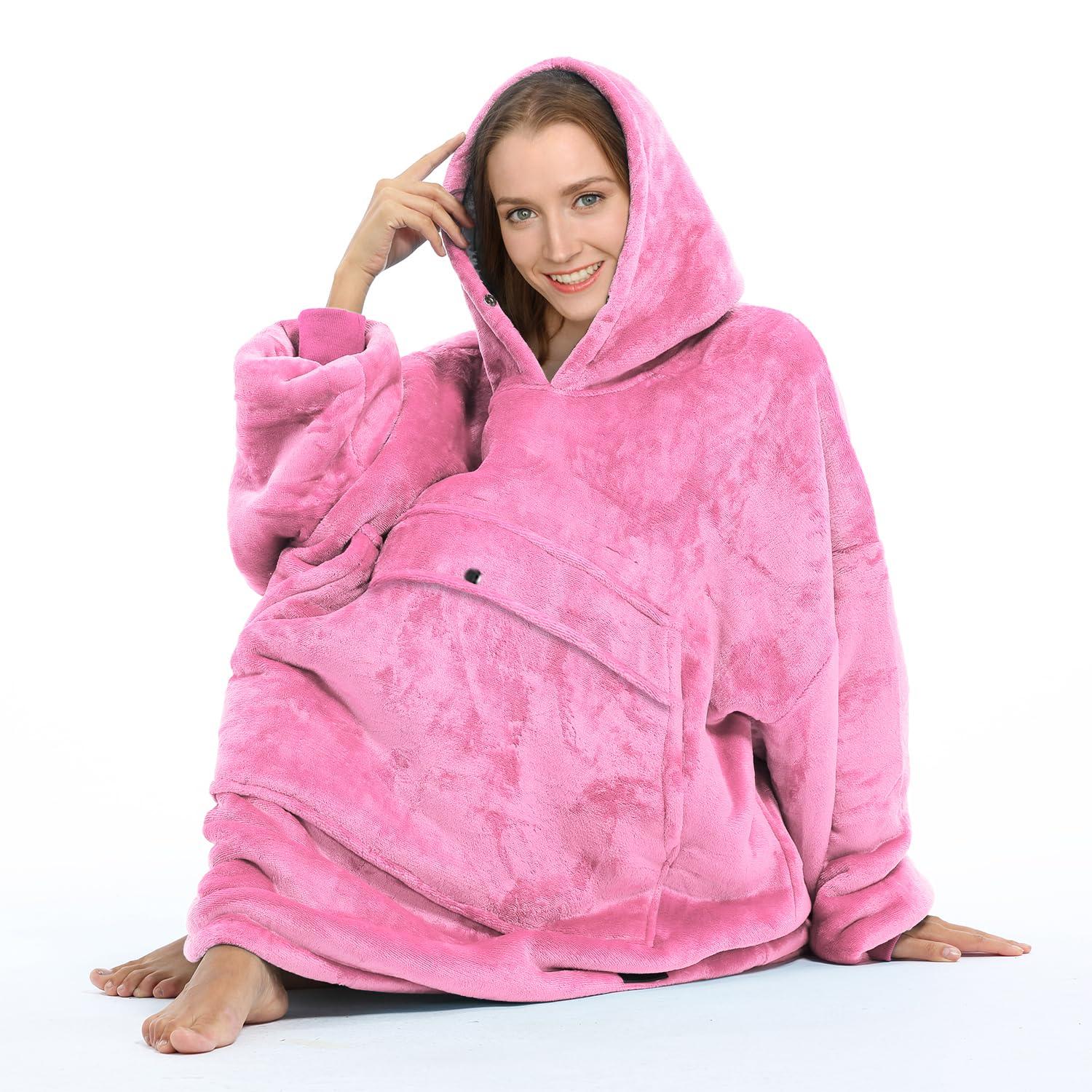 Solaris Women Flannel Blanket Hoodie Oversized Sweatshirt, Wearable Fleece Blanket Woman, Christmas Gift for Her, Hot Pink