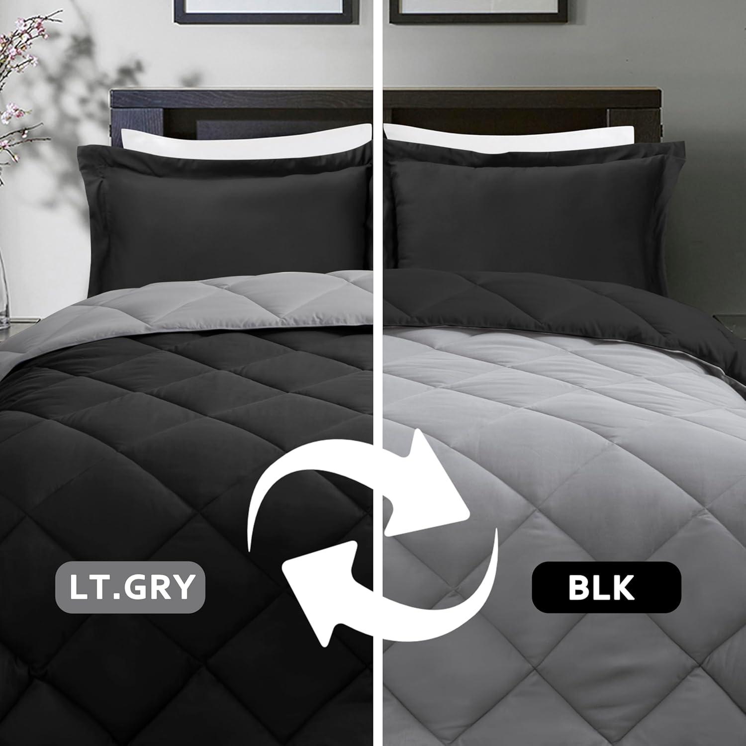 DOWNCOOL Comforter King Size, Reversible Duvet Insert,Black/Grey All Season Blanket, Lightweight Quilt, Down Alternative Hotel Comforter with Corner Tabs (Black/Gray, King 102x90 Inches)