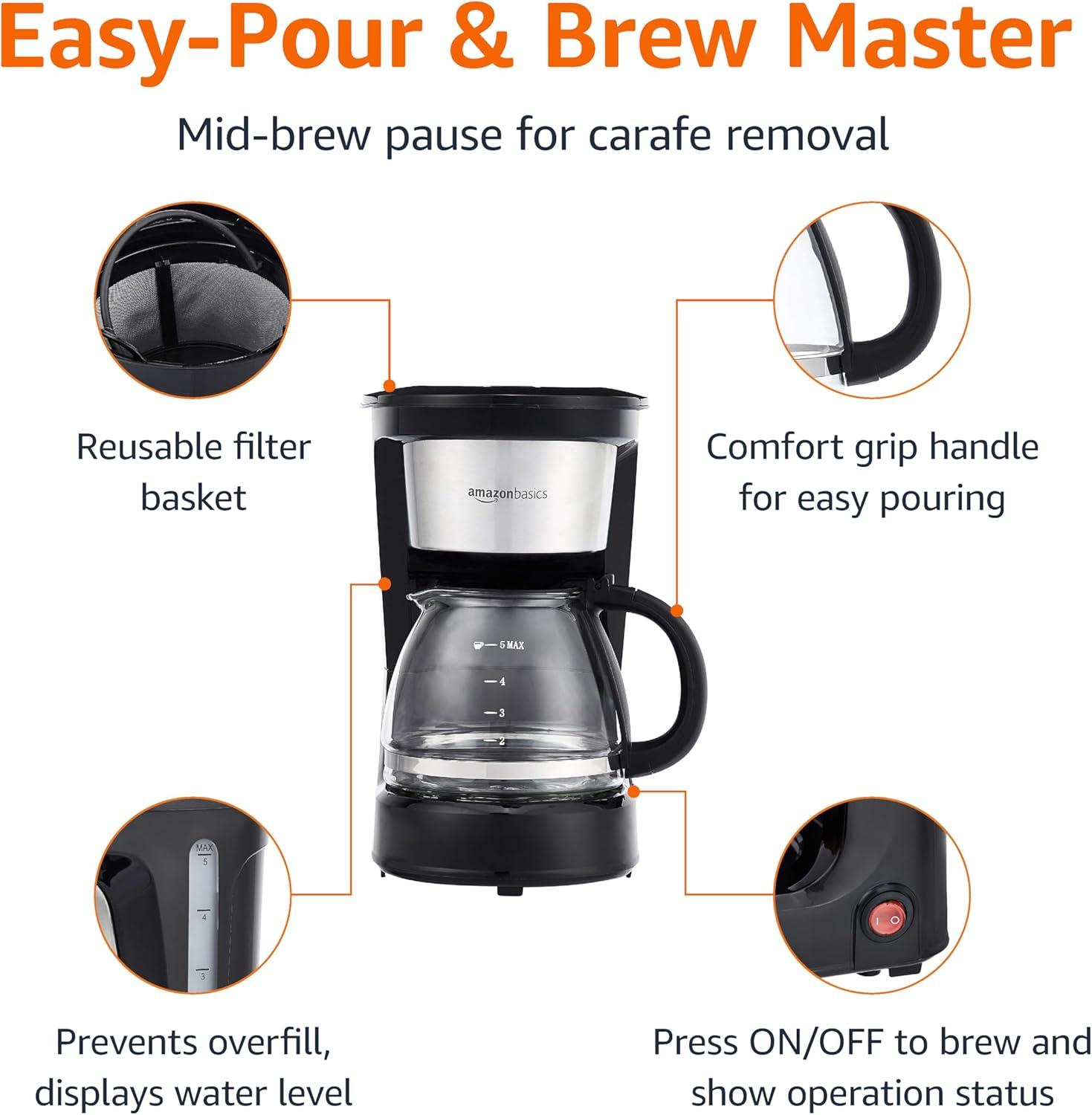 Coffee Makers, 5-Cup Coffee Machines with Reusable Filter, Coffee Pots, Black & Stainless Steel