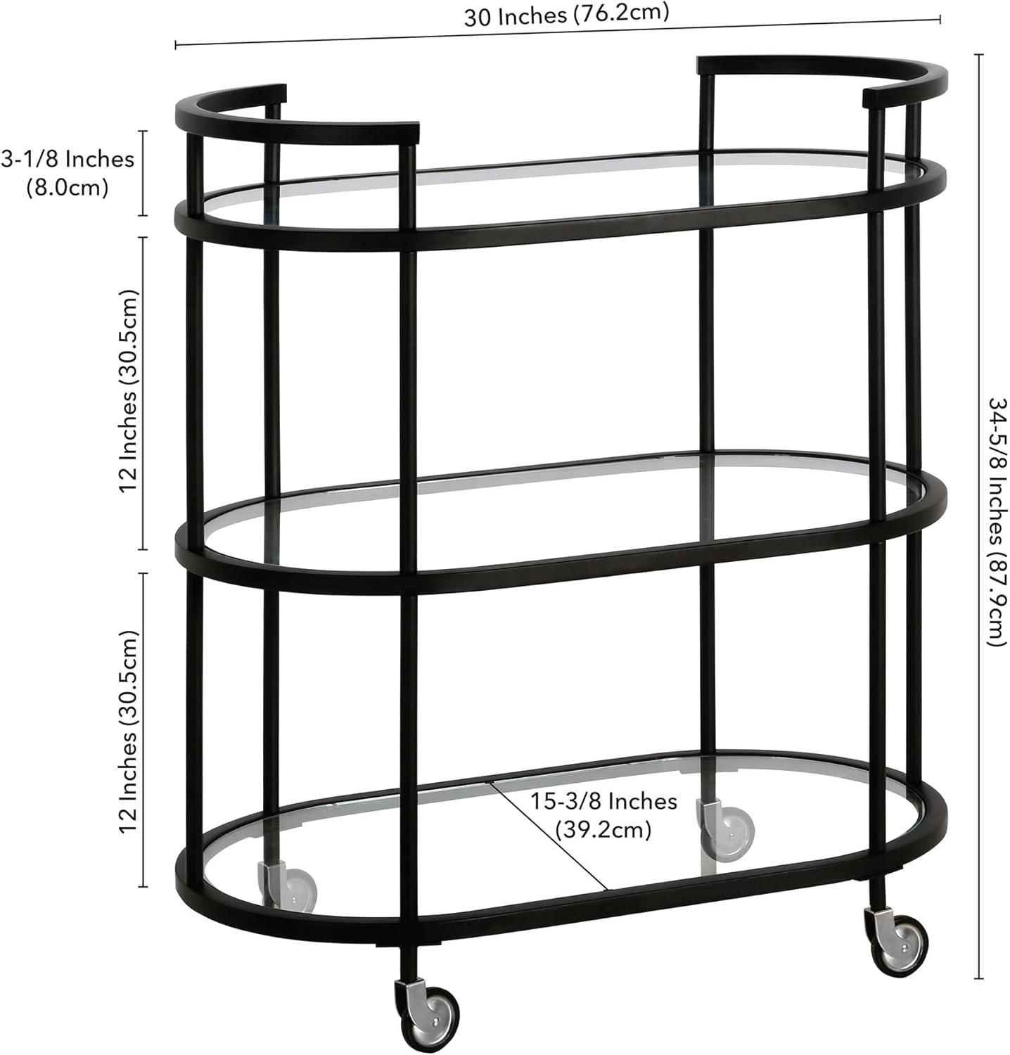 Modern Blackened Bronze 30" Wide Round Bar Cart with Tempered Glass Shelves