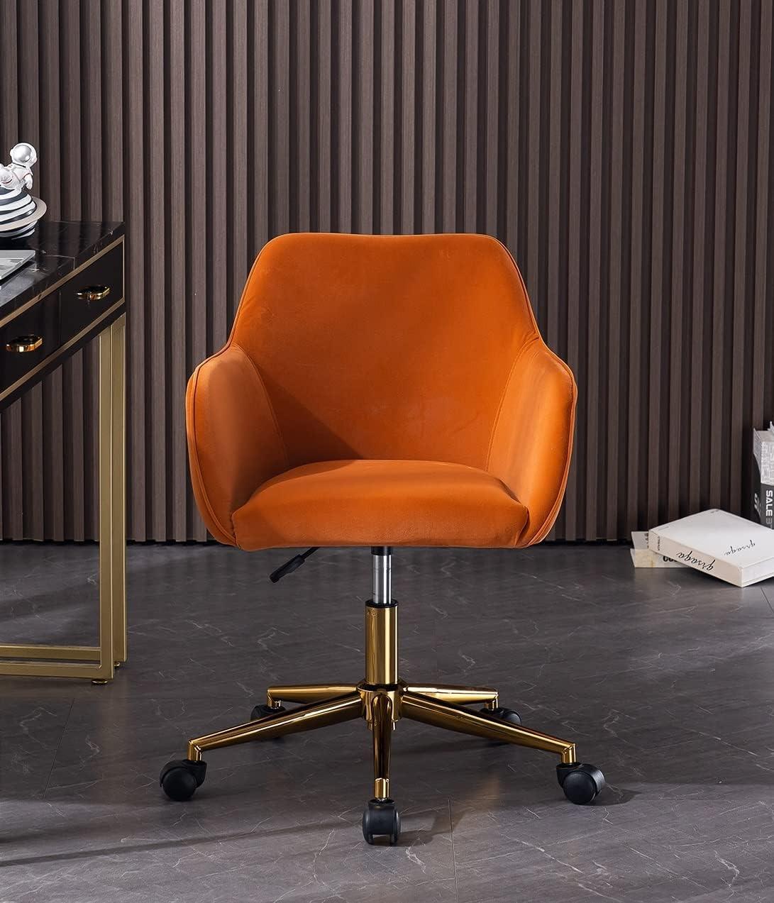 Modern 360°Swivel Velvet Office Chair, Mid-Back Desk Chairs with Wheels, Adjustable Home Office Chair with Side Arms, Gold Metal Base, Cute Desk Chair for Bedroom, Home Office, Vanity Room, Orange