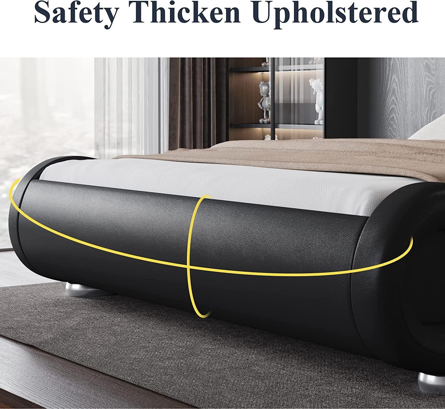 Allewie Queen Size Low Profile Modern Upholstered Platform Bed Frame with Ergonomic & Adjustable Headboard, Black