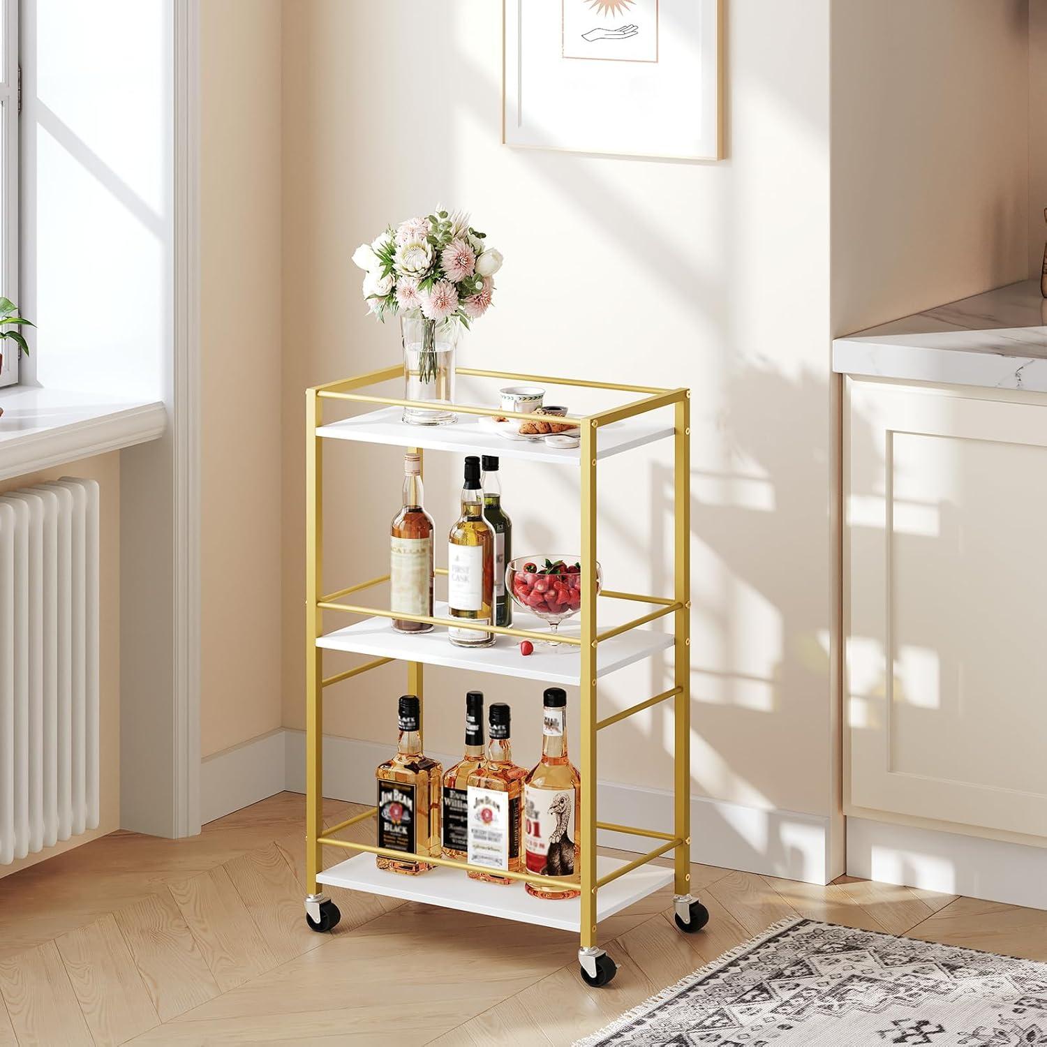 Gold and White Narrow Kitchen Cart with Storage