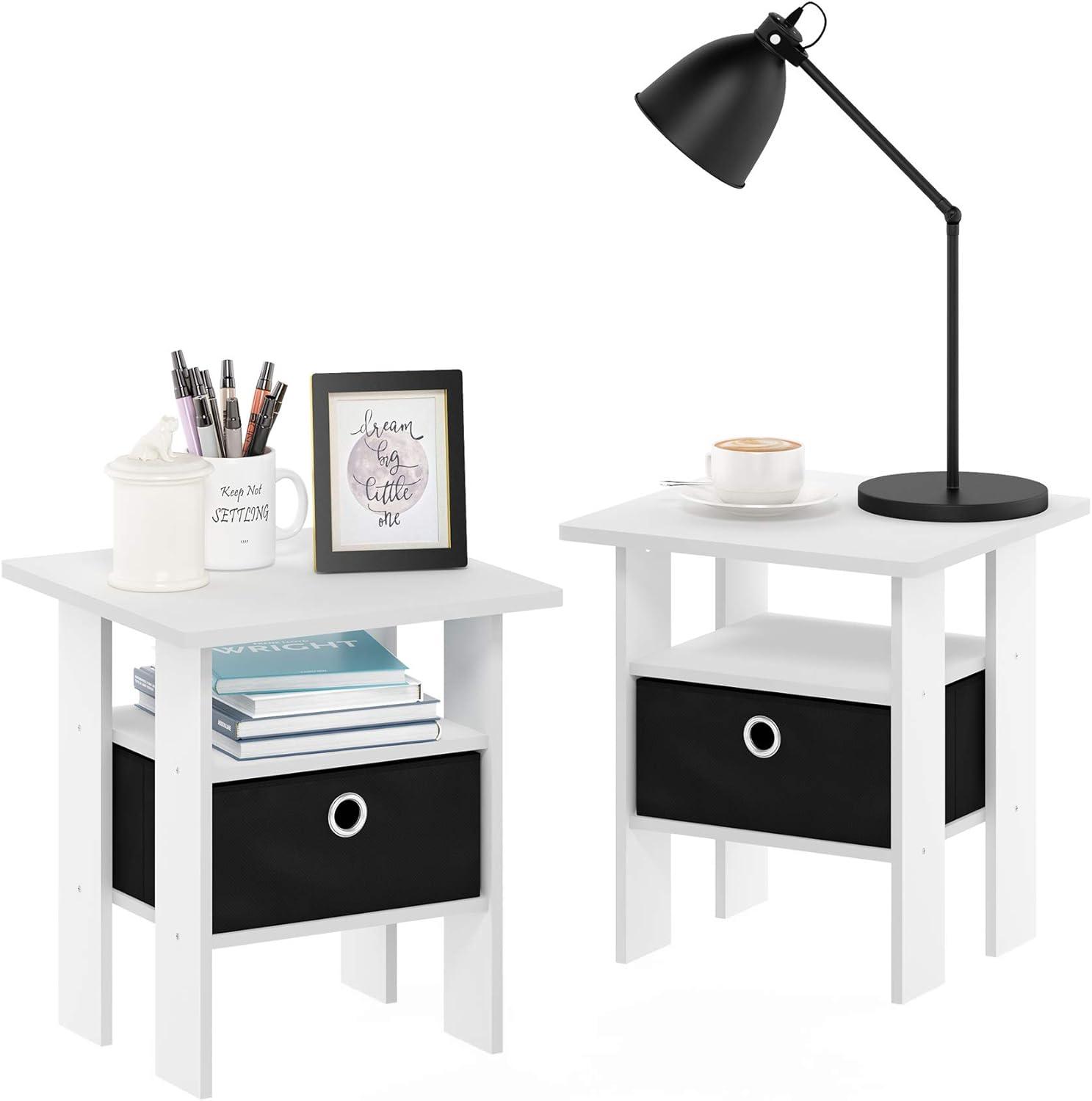 Furinno 2PCS Modern Bedside End Table Nightstand Accent Sofa Side Table W/Removable Drawer & Open Storage Shelf,White/Black