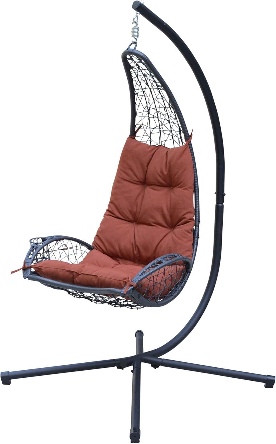 Cushioned Rattan Wicker Hanging Chair with Stand - Terra Cotta - Algoma: Outdoor Patio Furniture, UV Resistant