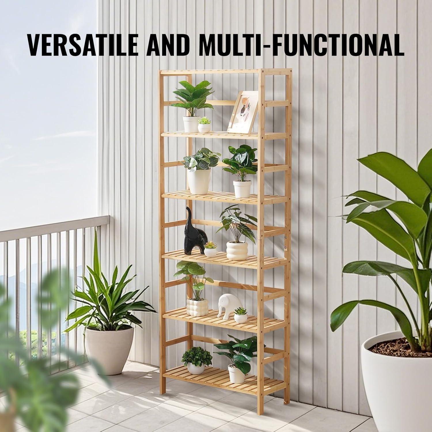 Bamboo Bookshelf 6 Tiers Bamboo Ladder Bookcase Rectangle Storage Rack