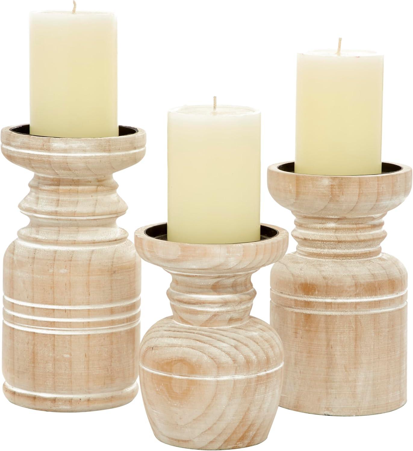 DecMode 3 Candle Brown Wood Pillar Candle Holder with White Wash Finish, Set of 3