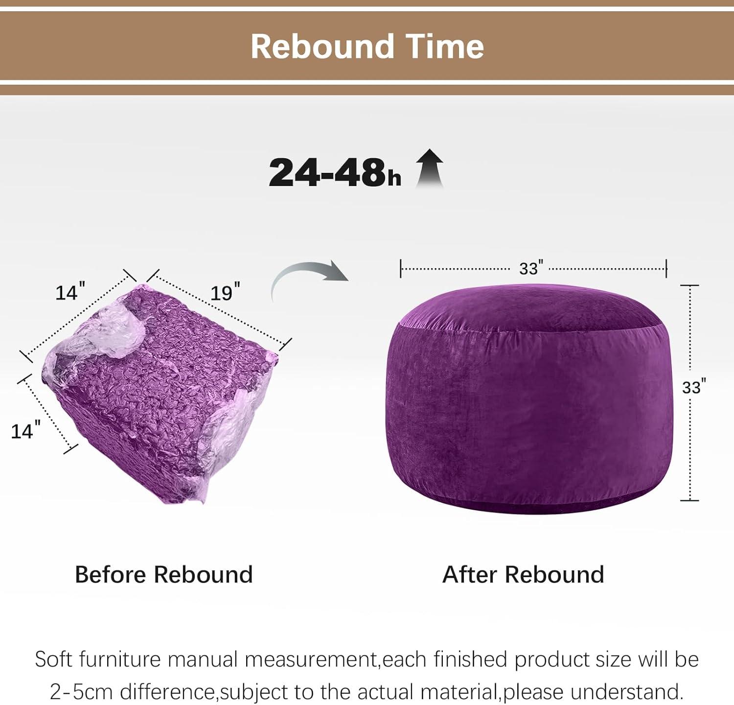 Bean Bag Chairs for Adults - Memory Foam Furniture BeanBag Chair - Kids/Teens Sofa with Soft Micro Fiber Cover - Round Fluffy Couch for Living Room Bedroom College Dorm - 3 ft, Purple