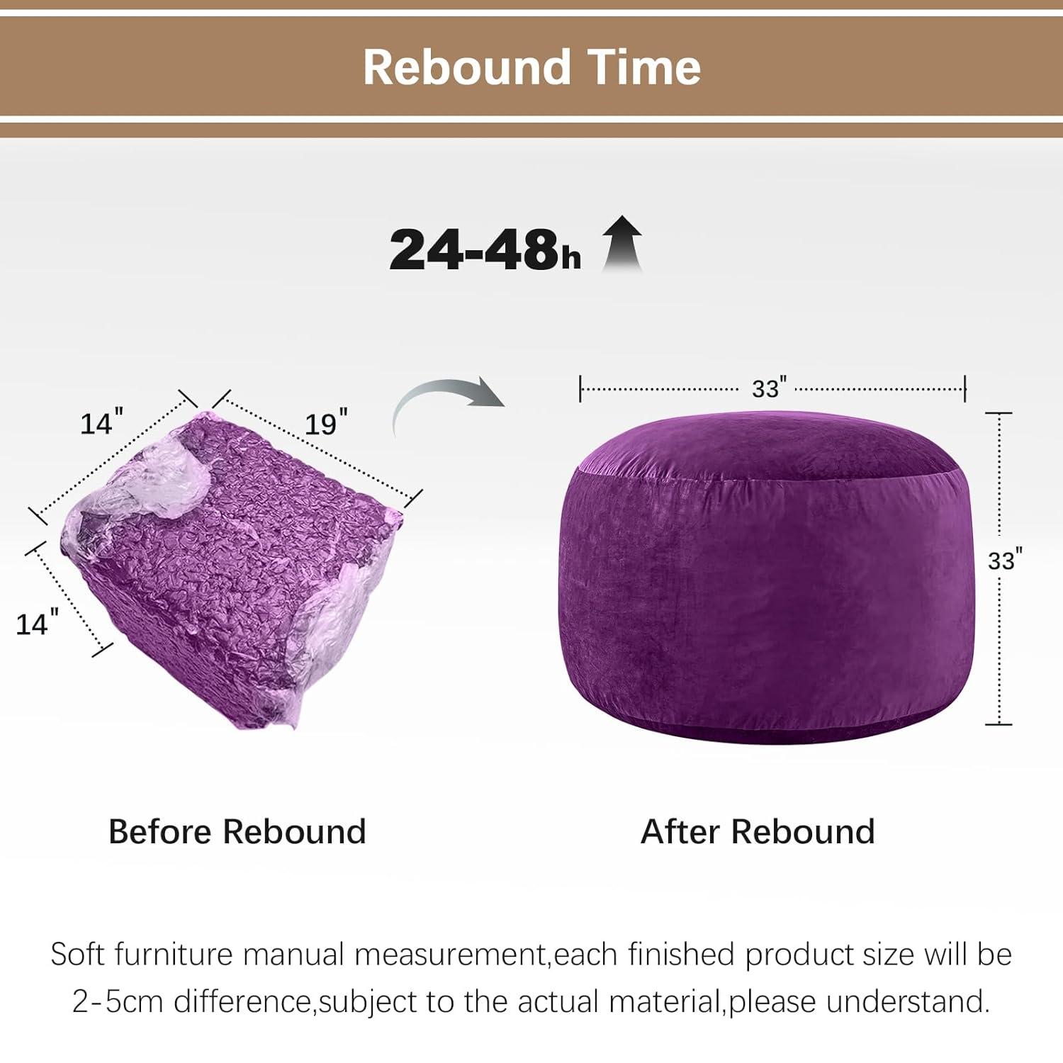 Bean Bag Chairs for Adults - Memory Foam Furniture BeanBag Chair - Kids/Teens Sofa with Soft Micro Fiber Cover - Round Fluffy Couch for Living Room Bedroom College Dorm - 3 ft, Purple