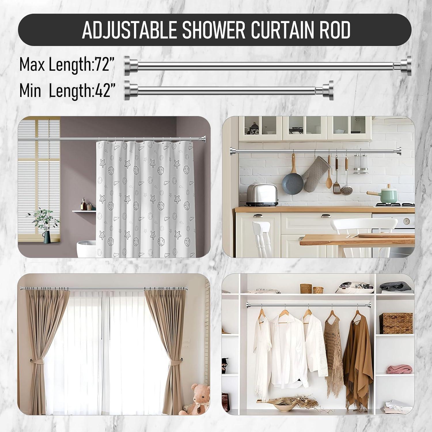 Adjustable Polished Stainless Steel Tension Shower Curtain Rod 42-72 Inches