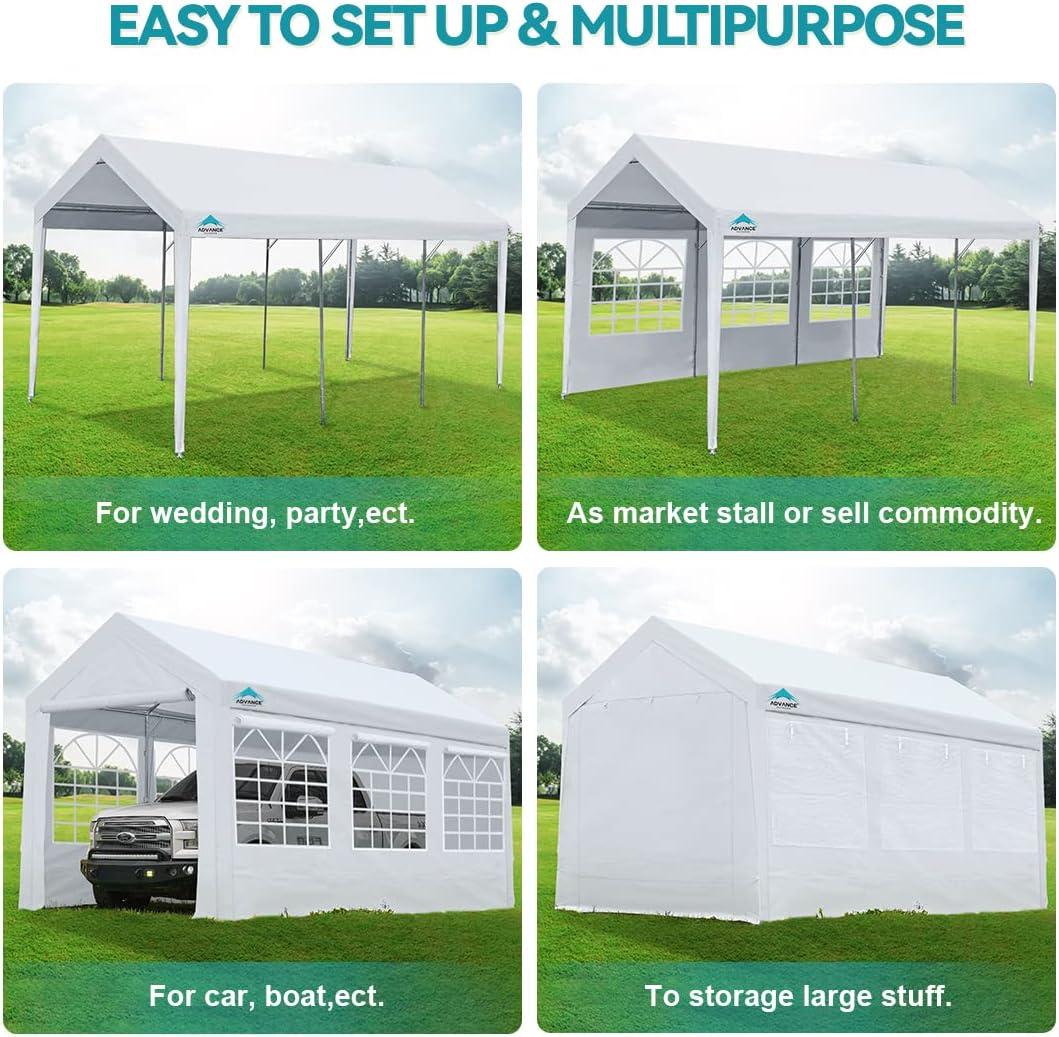 ADVANCE OUTDOOR 10'x20' Heavy Duty Steel Carport Car Canopy, Adjustable Height from 9.5ft to 11ft with Removable Window Sidewalls and Doors, White
