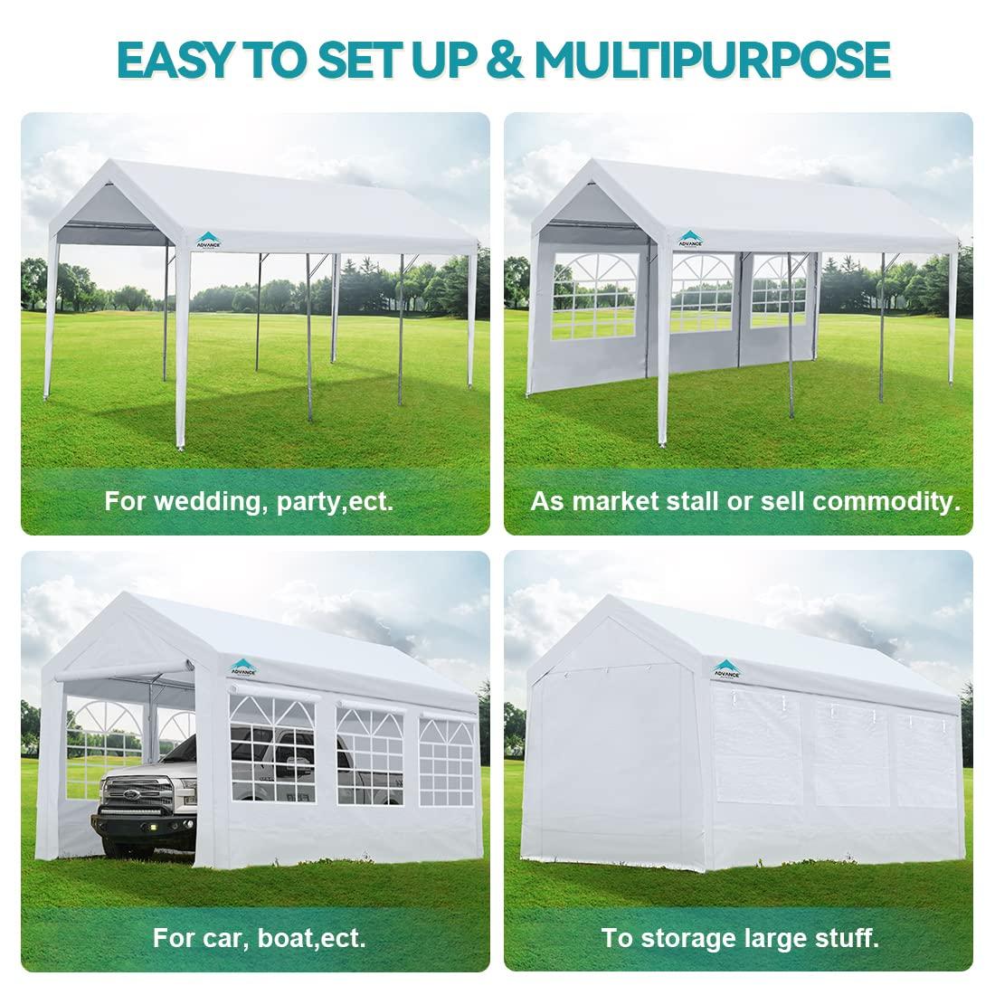 ADVANCE OUTDOOR 10'x20' Heavy Duty Steel Carport Car Canopy, Adjustable Height from 9.5ft to 11ft with Removable Window Sidewalls and Doors, White