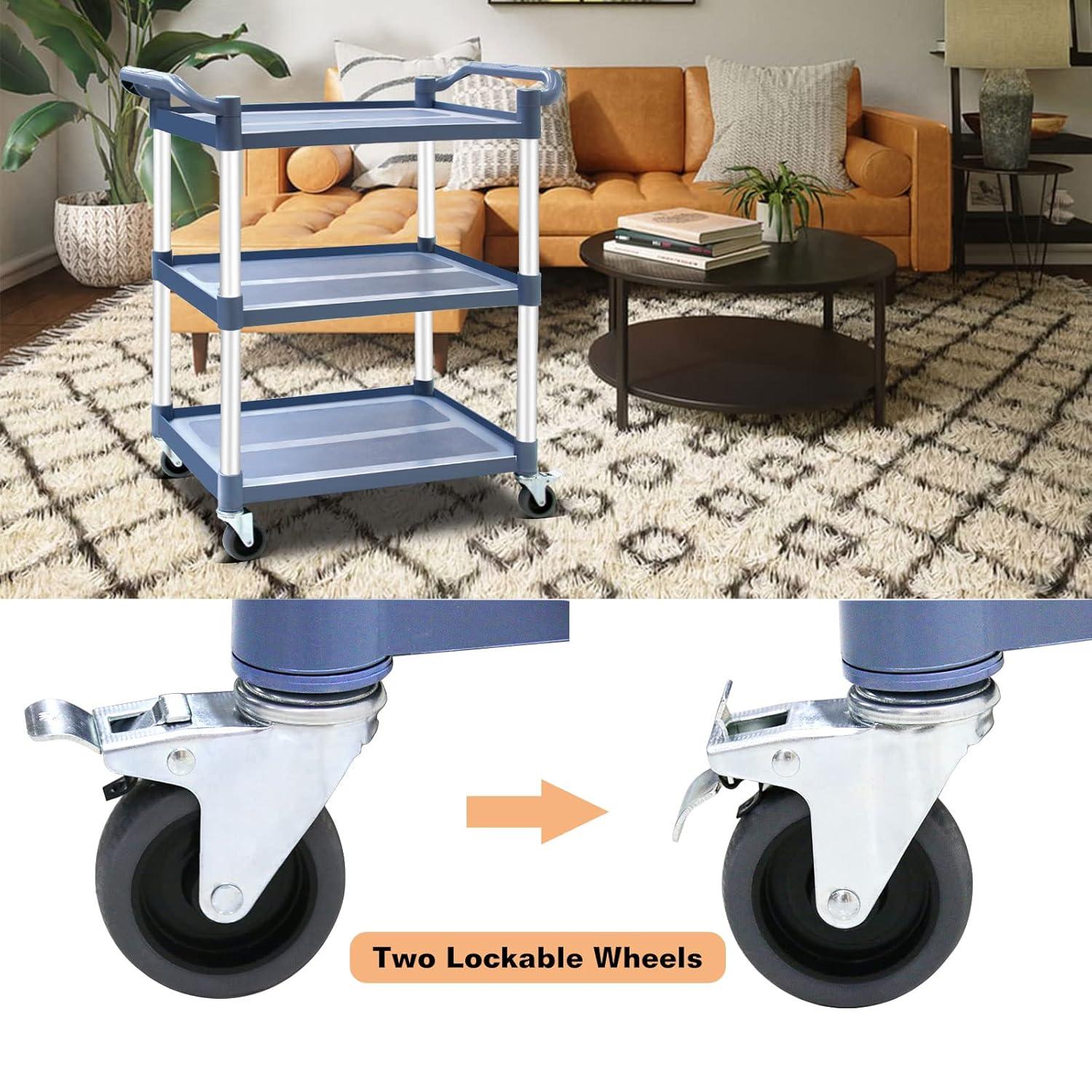 Service Cart Heavy Duty 3-Shelf Rolling Utility/Push Cart with Lockable Wheels, 360 lbs. Capacity, for Foodservice/Restaurant/Cleaning