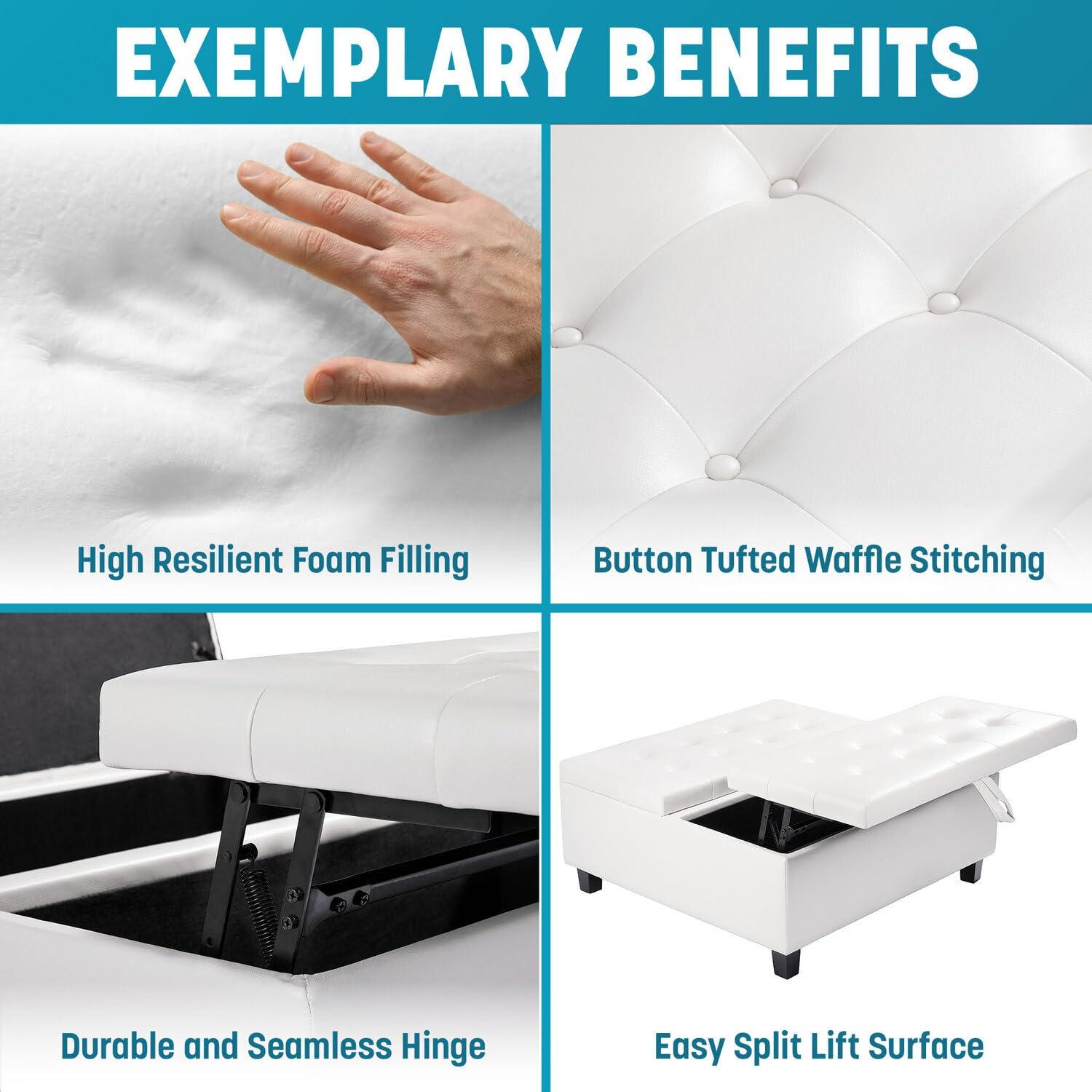 Ciara White Tufted Leather Lift-Top Storage Ottoman